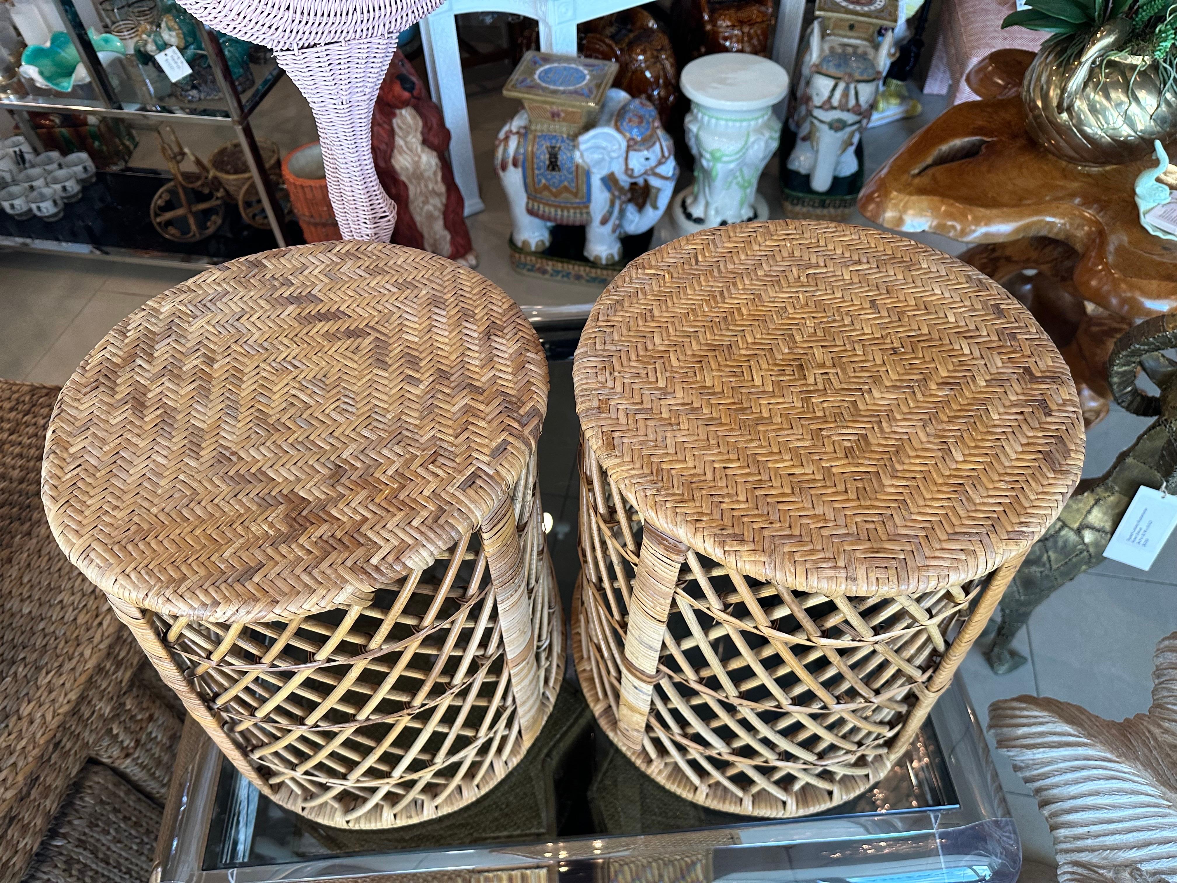Vintage Palm Beach Pair of Woven Rattan & Bamboo Drum Stools Benches  6