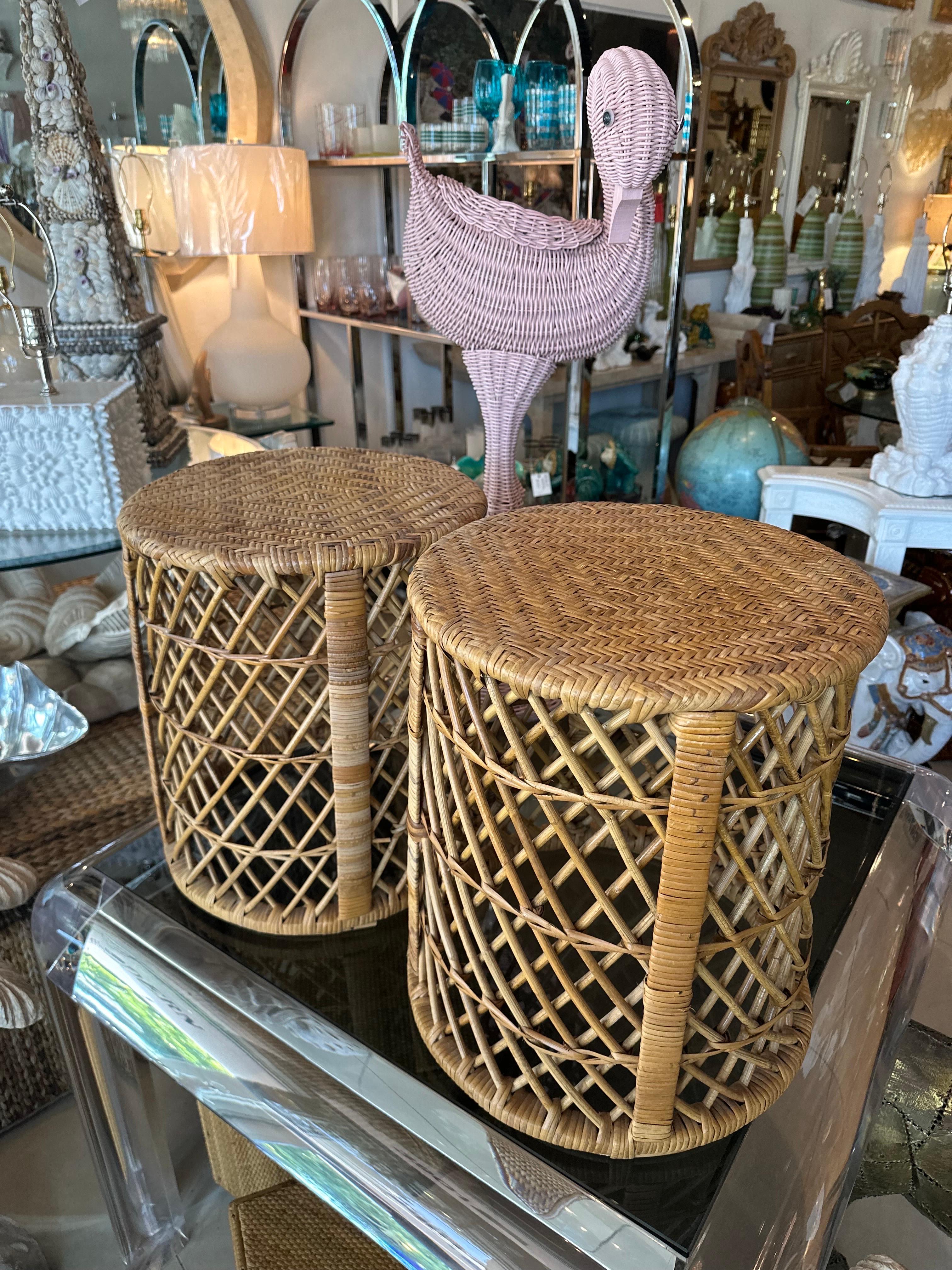 Vintage Palm Beach Pair of Woven Rattan & Bamboo Drum Stools Benches  7
