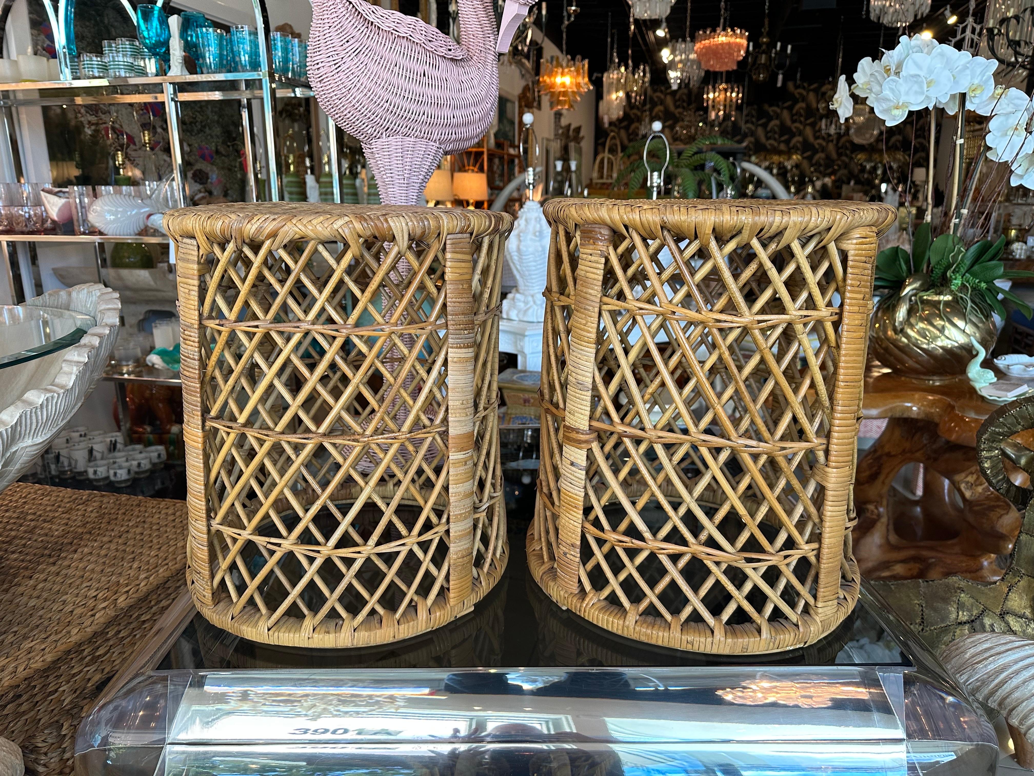 Pair of vintage woven rattan & bamboo drum stools benches. Natural rattan finish. Dimensions: 17.5 H x 15.5 D (bottom).