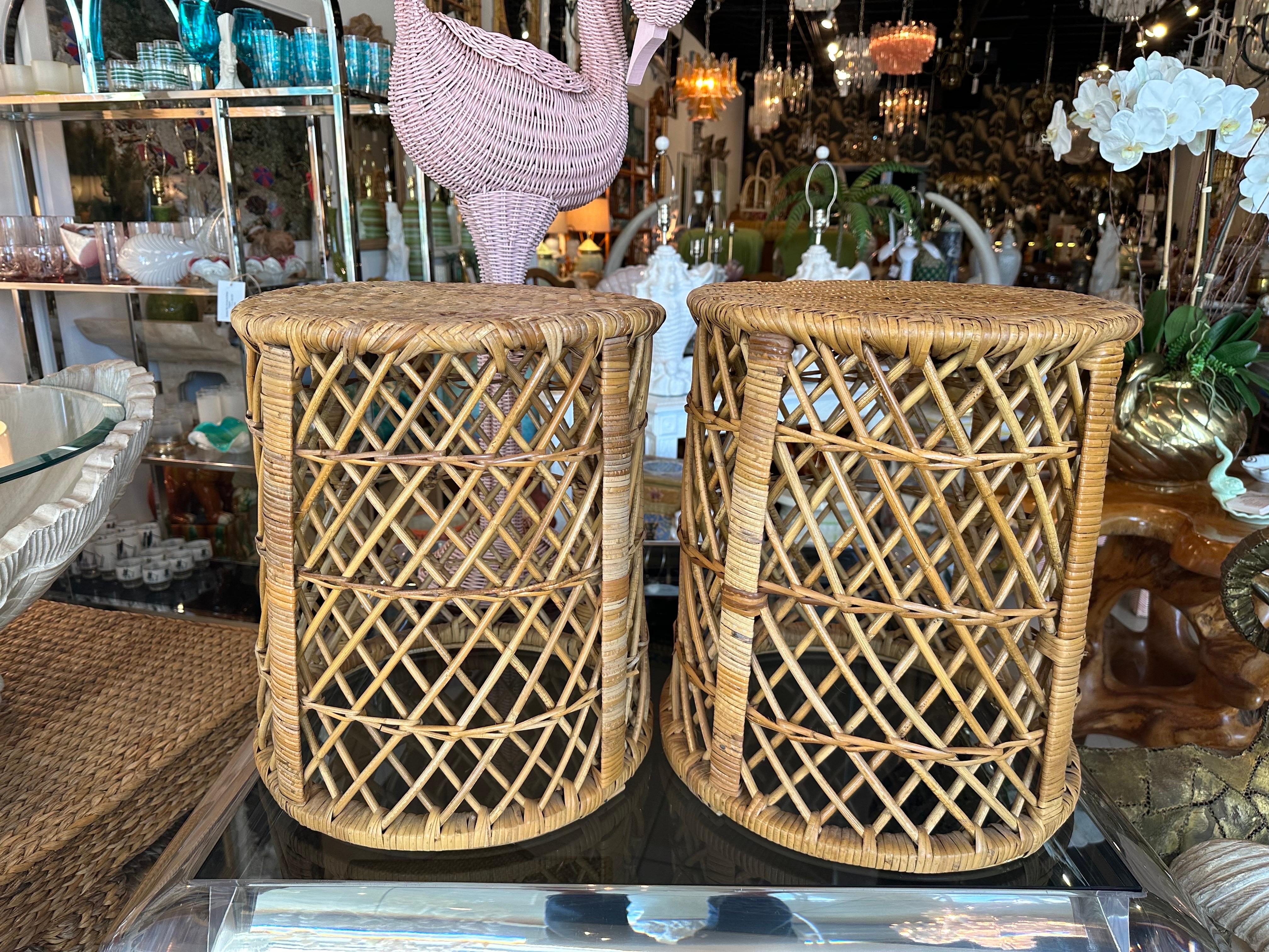 Hollywood Regency Vintage Palm Beach Pair of Woven Rattan & Bamboo Drum Stools Benches 
