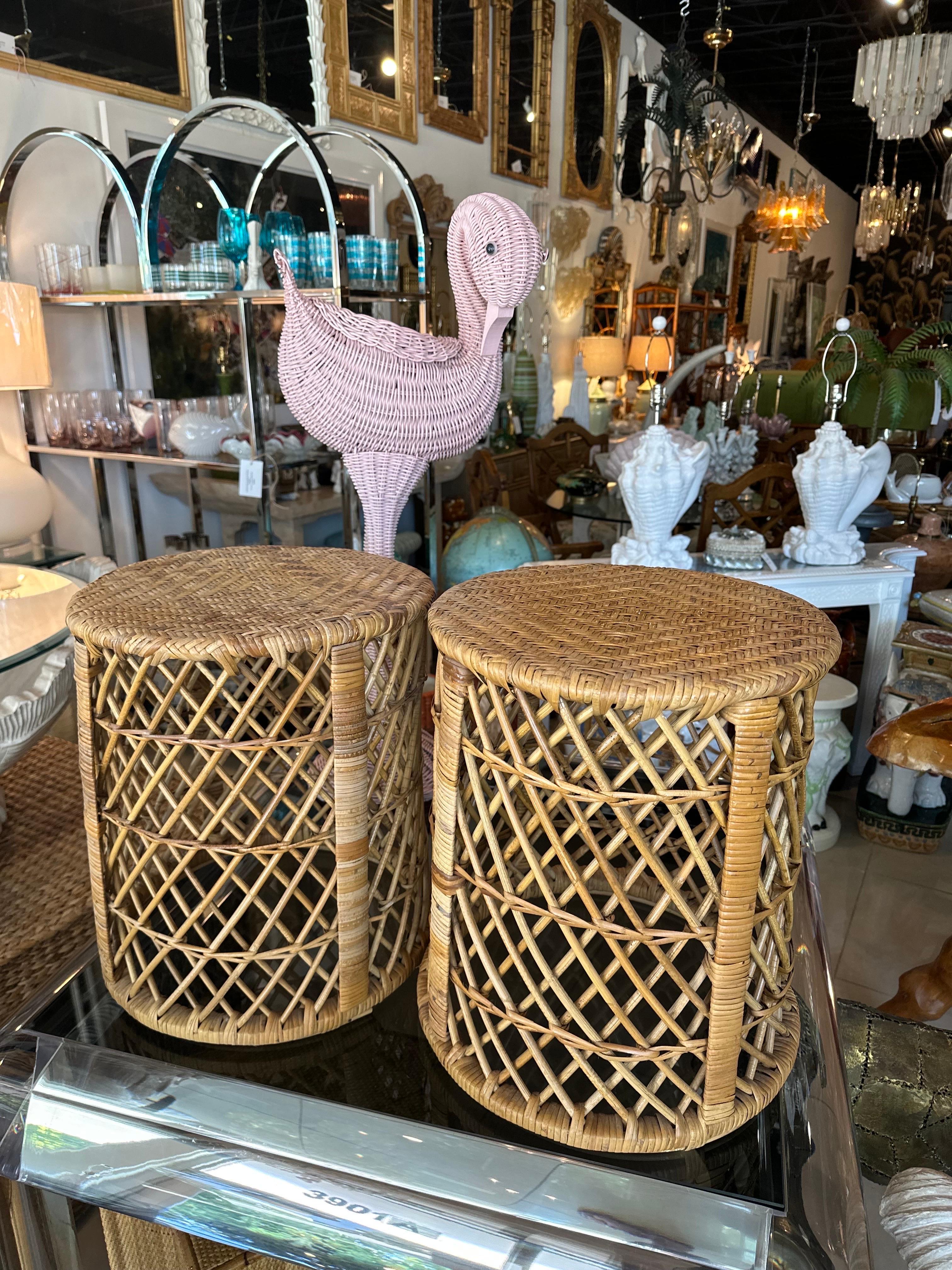 American Vintage Palm Beach Pair of Woven Rattan & Bamboo Drum Stools Benches 