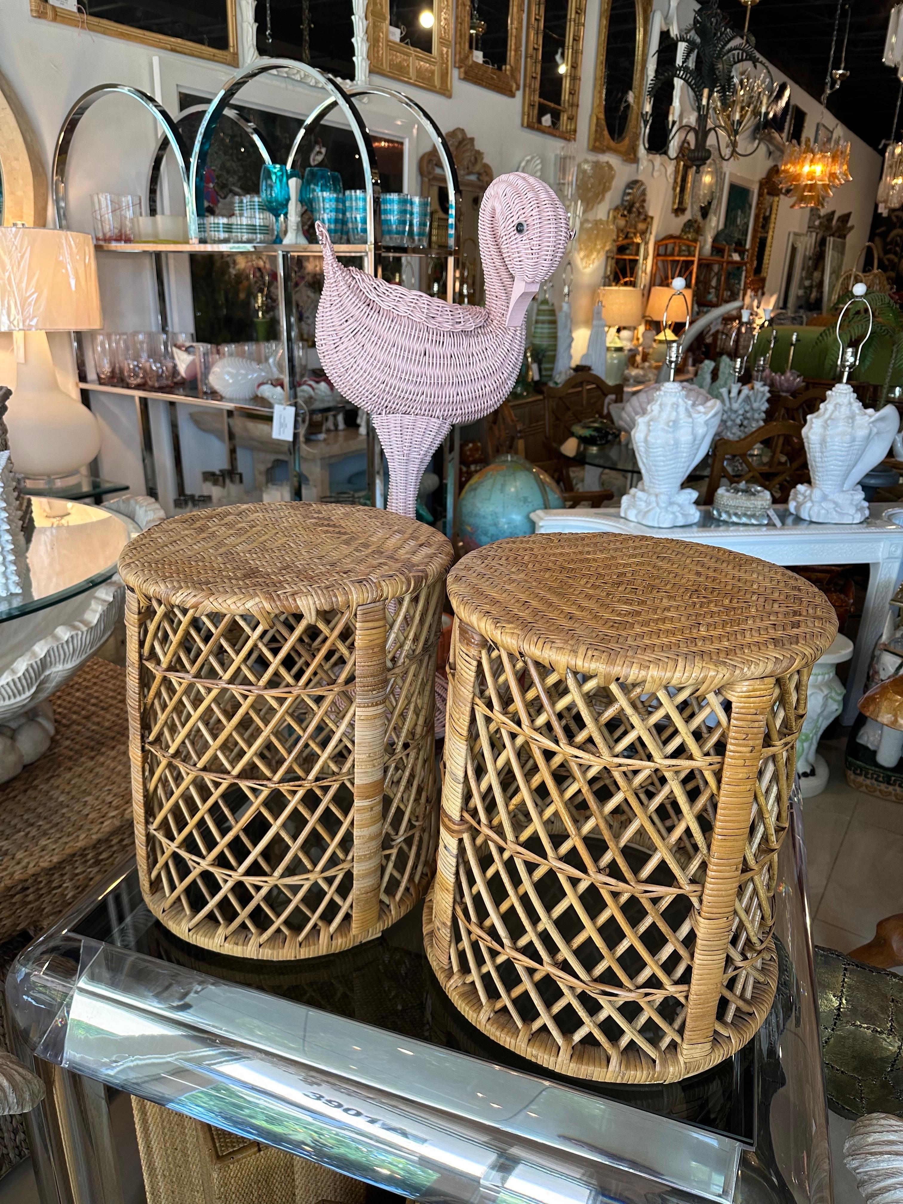 Vintage Palm Beach Pair of Woven Rattan & Bamboo Drum Stools Benches  In Good Condition In West Palm Beach, FL