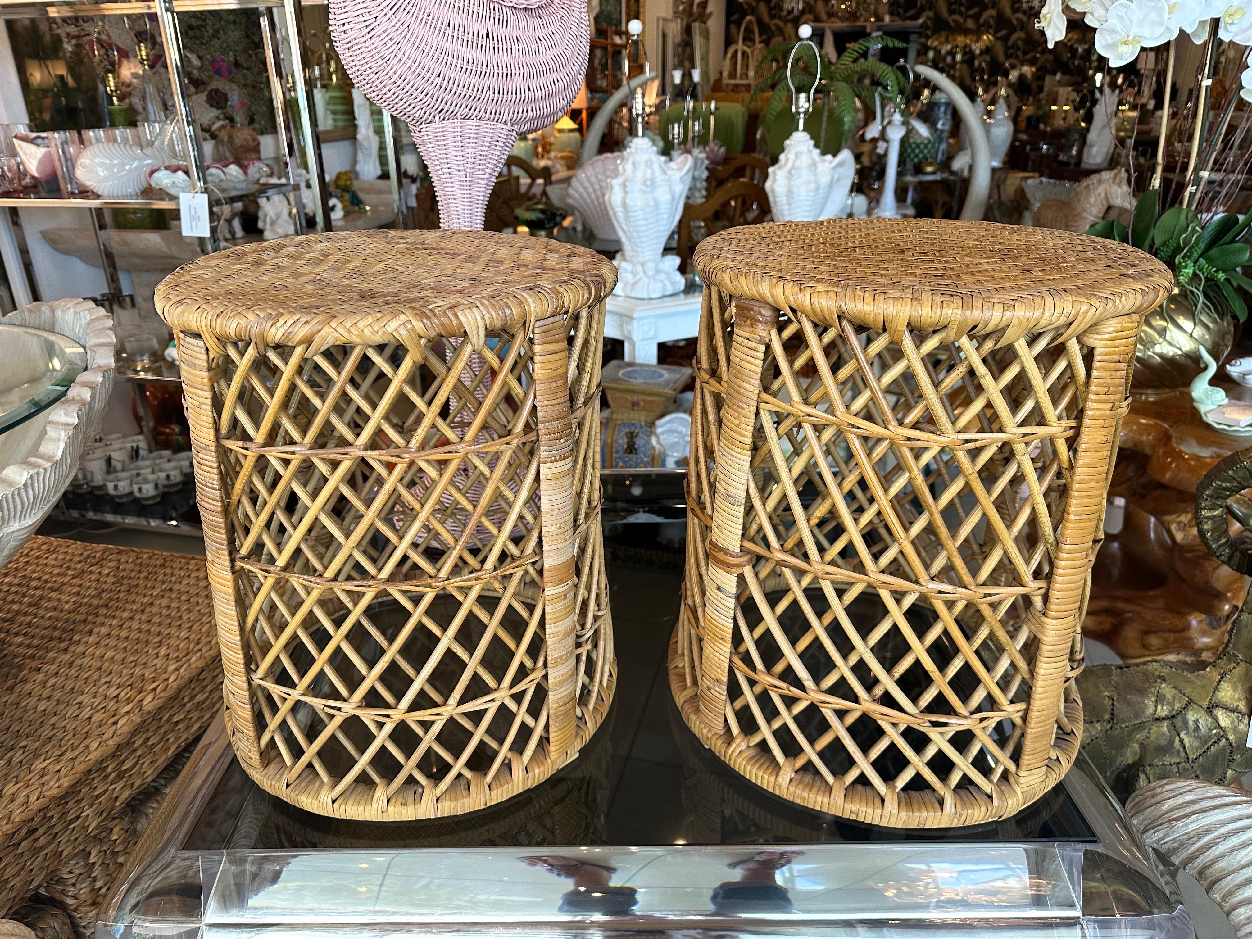 Late 20th Century Vintage Palm Beach Pair of Woven Rattan & Bamboo Drum Stools Benches 