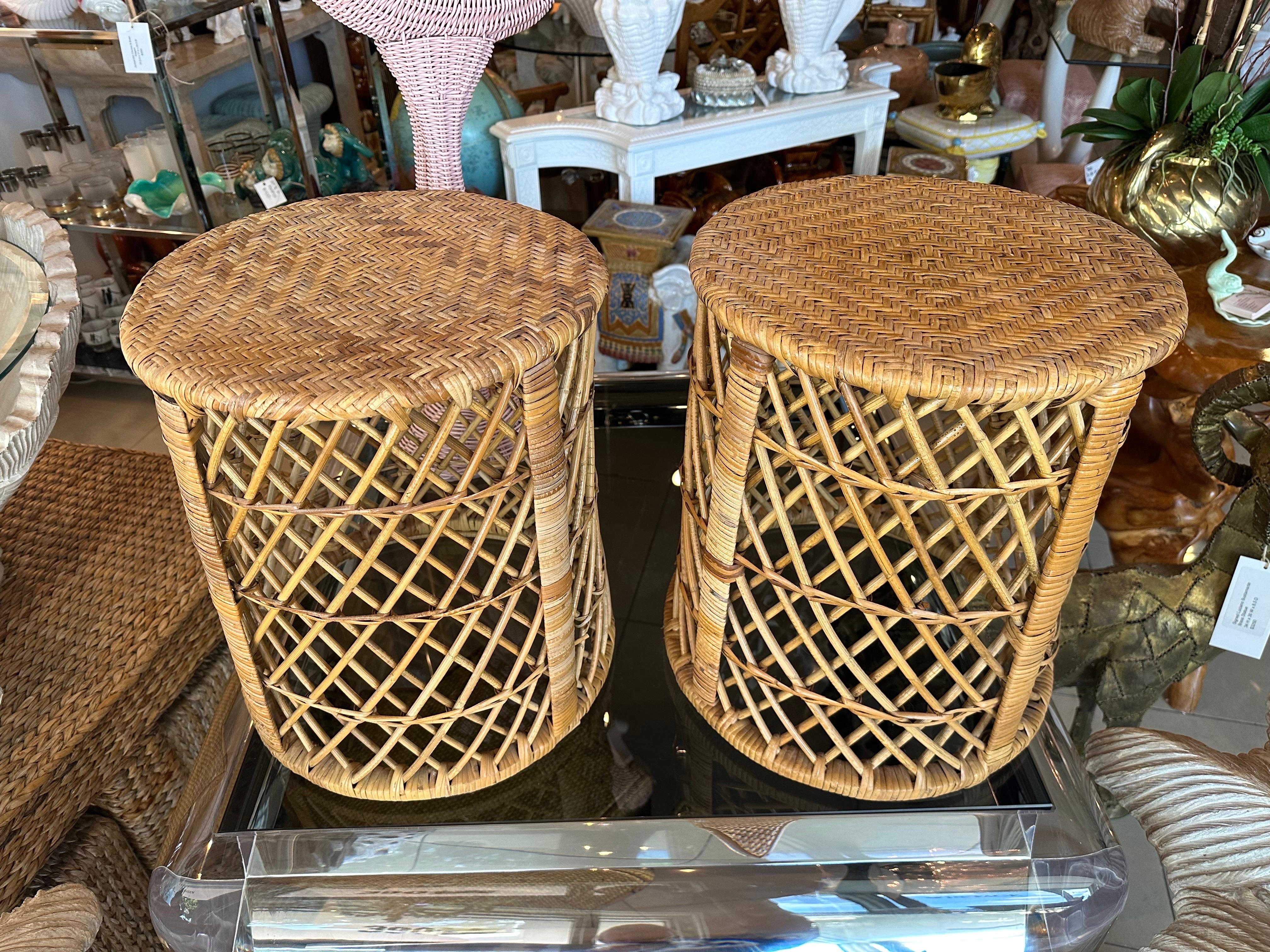Vintage Palm Beach Pair of Woven Rattan & Bamboo Drum Stools Benches  2