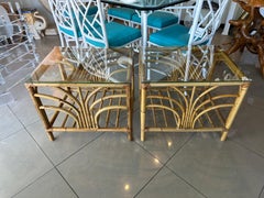 Vintage Palm Beach Pair Rattan Bamboo Starburst End Side Tables Glass Tops