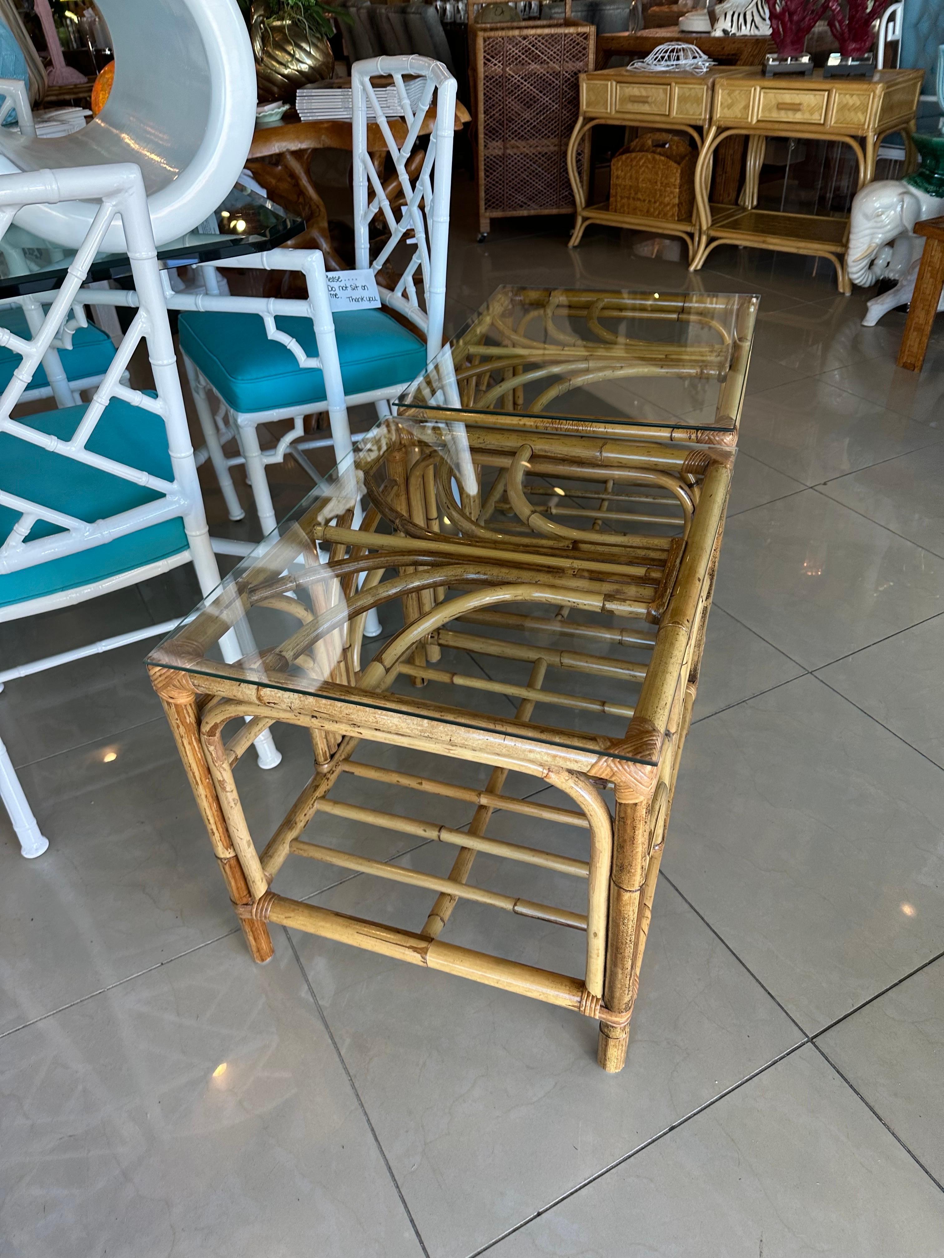 Mid-Century Modern Vintage Palm Beach Pair Rattan Bamboo Starburst End Side Tables Glass Tops For Sale