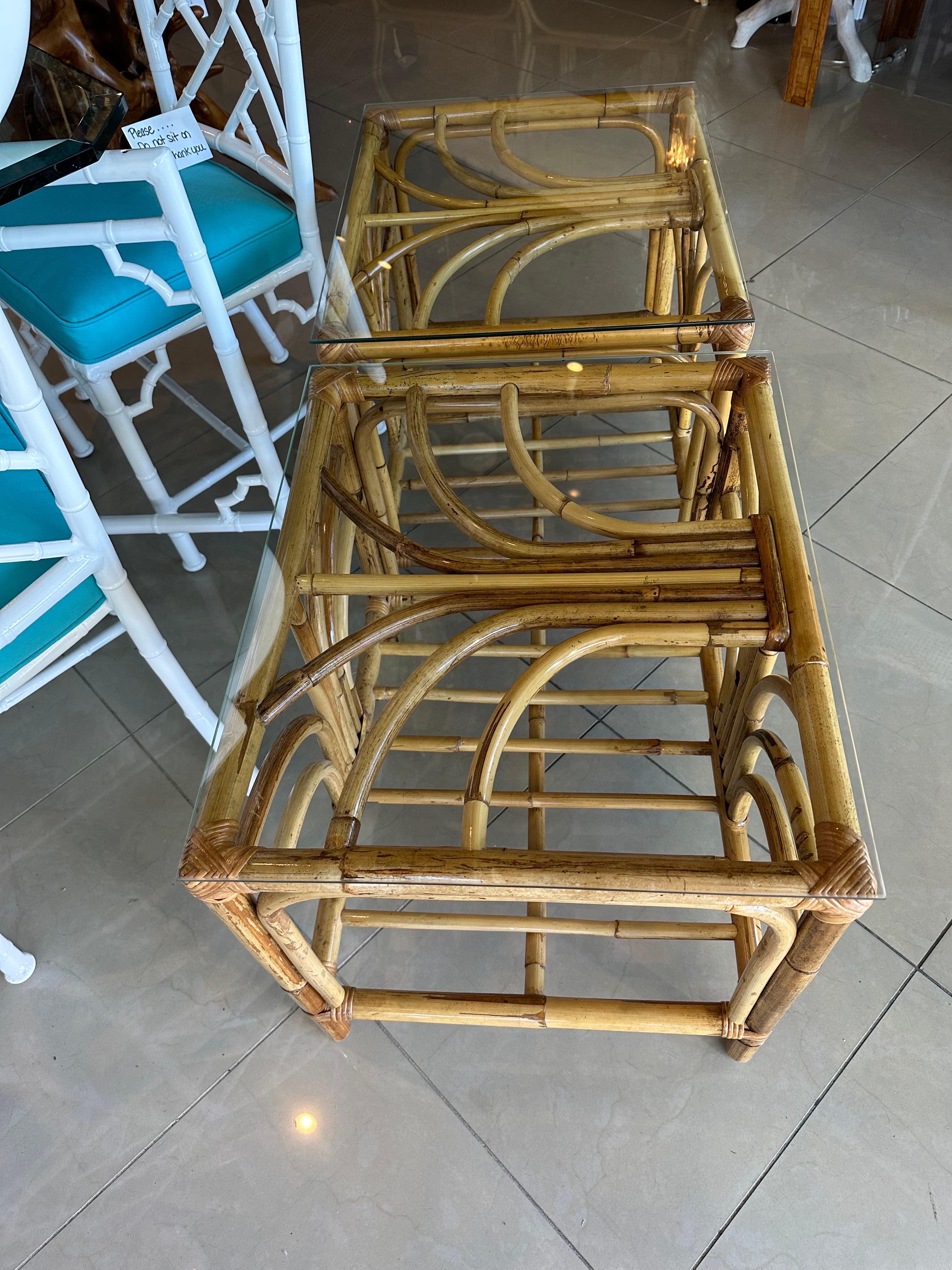 Late 20th Century Vintage Palm Beach Pair Rattan Bamboo Starburst End Side Tables Glass Tops For Sale