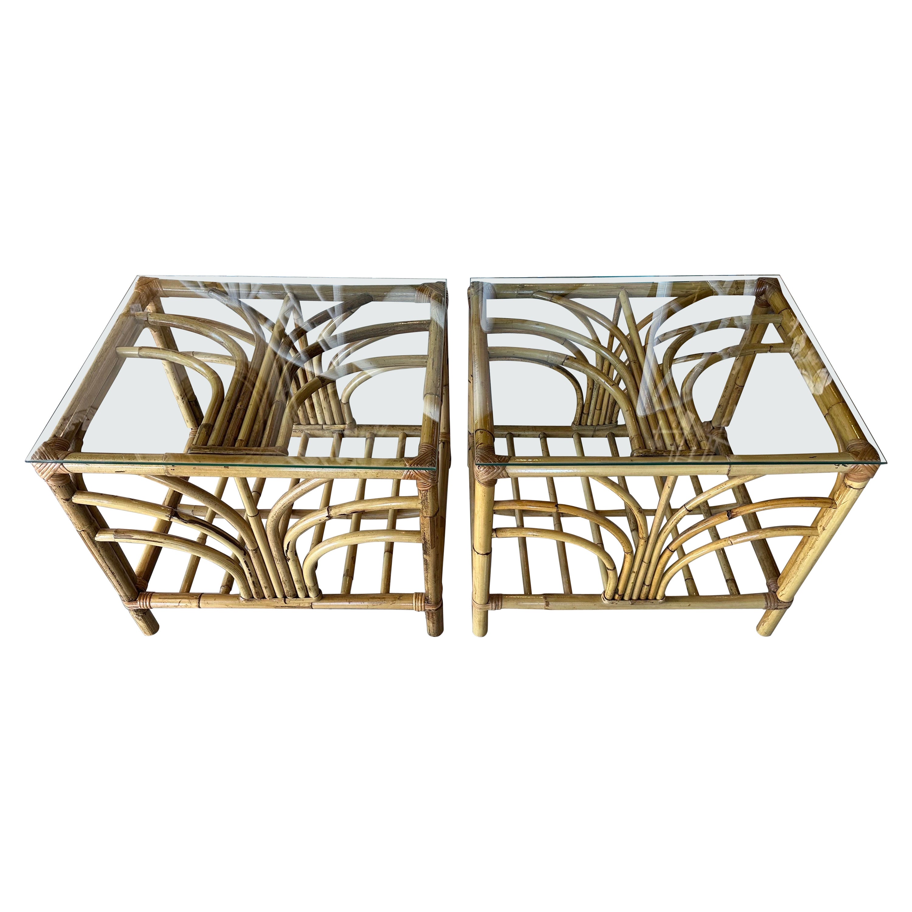 Vintage Palm Beach Pair Rattan Bamboo Starburst End Side Tables Glass Tops
