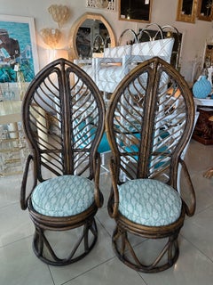 Vintage Palm Beach Pair Rattan Leaf Leaves Swivel Arm Chairs Newly Upholstered