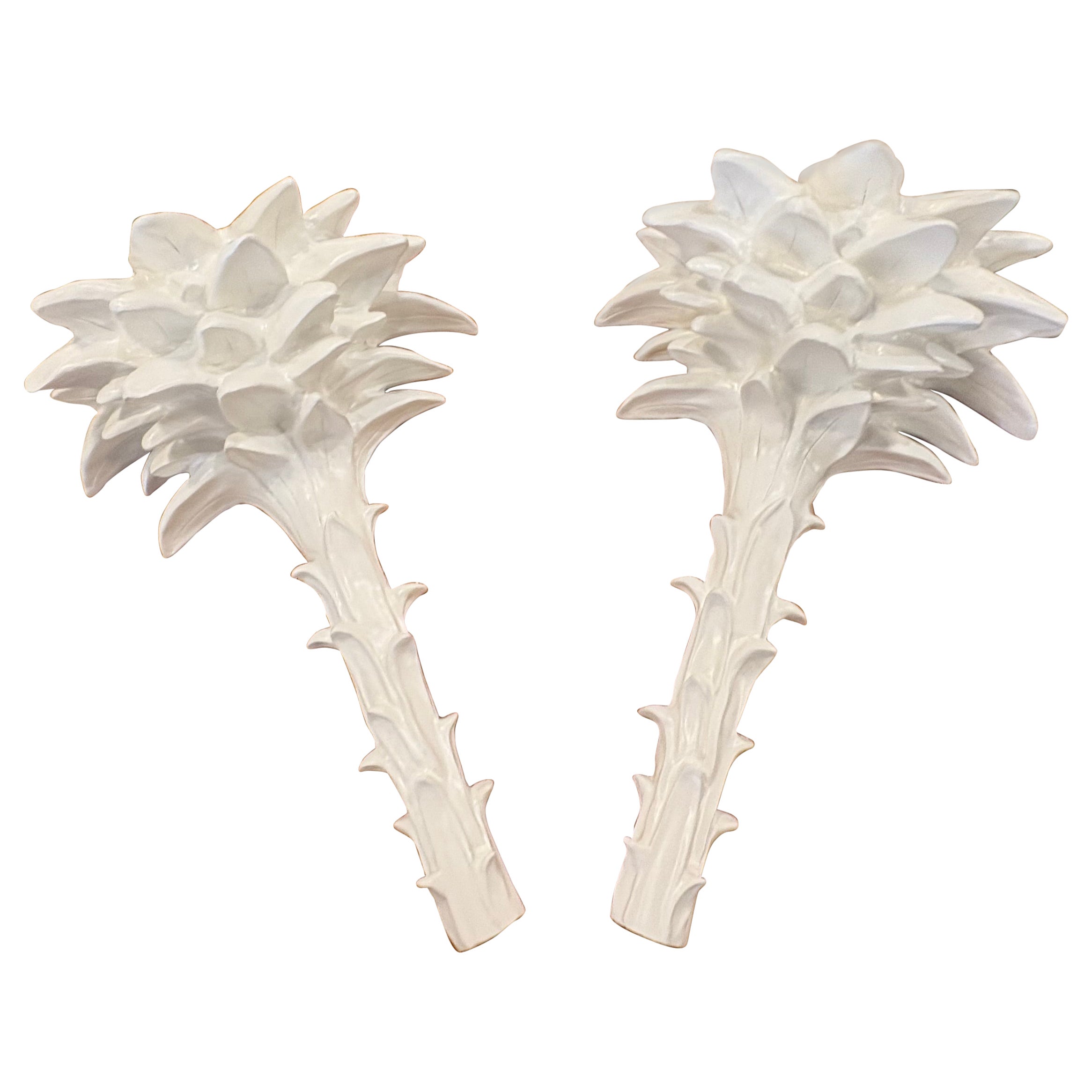 Vintage Palm Beach Pair Serge Roche Style Plaster Palm Frond Wall Light Sconces