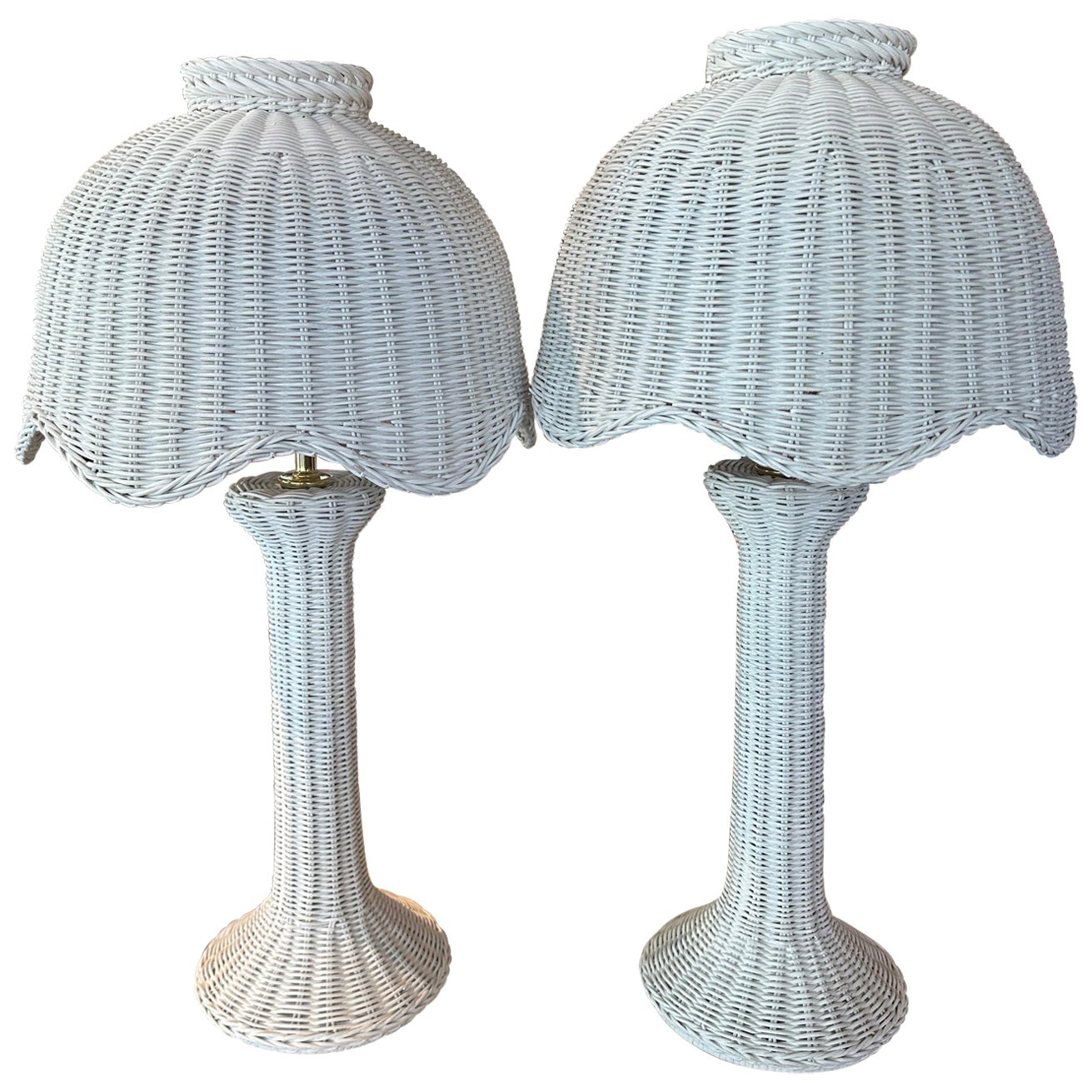 Vintage Palm Beach Pair White Wicker Scalloped Table Lamps Shades Newly Wired