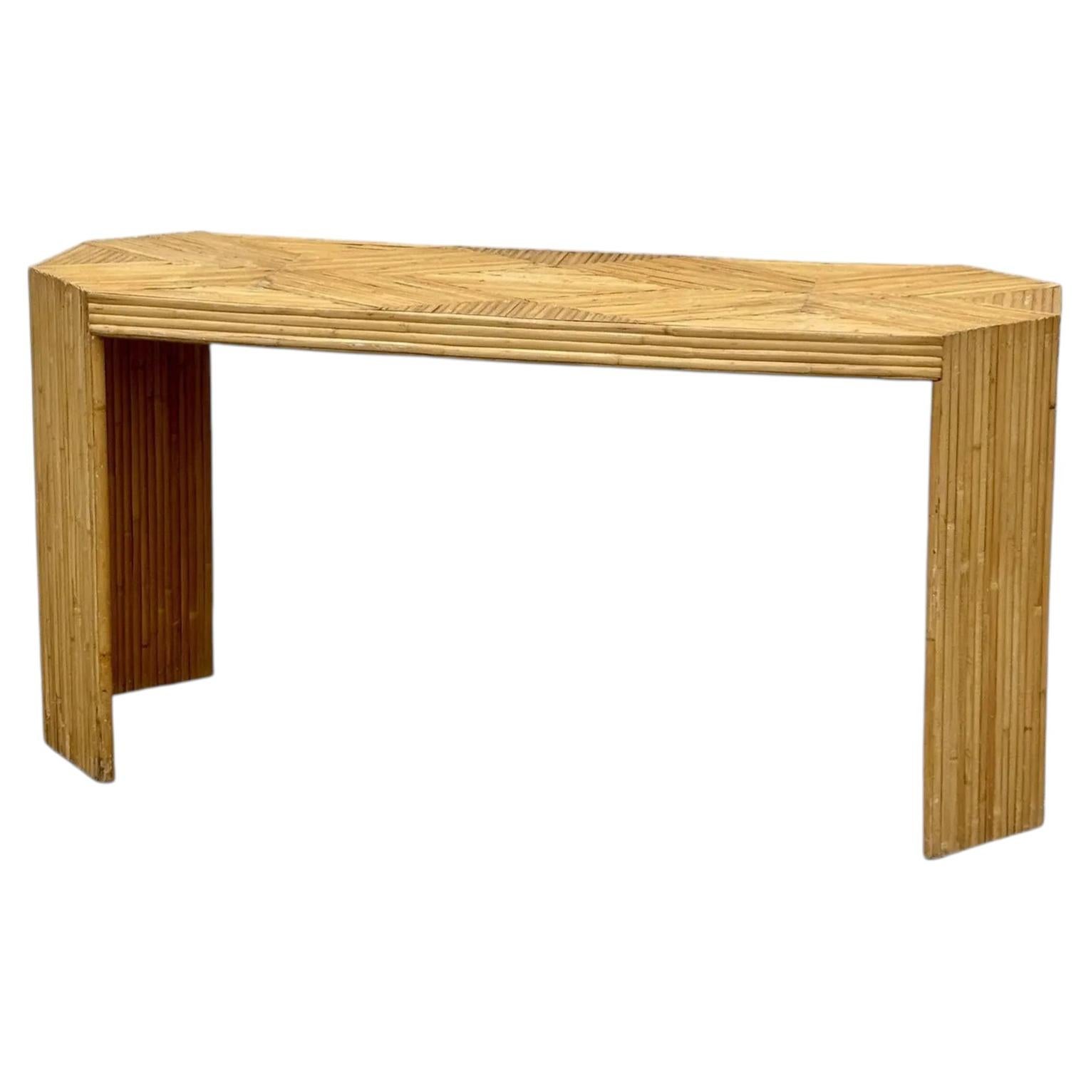 Vintage Palm Beach Pencil Reed Console With Geometric Inlaid Top in Style of McG