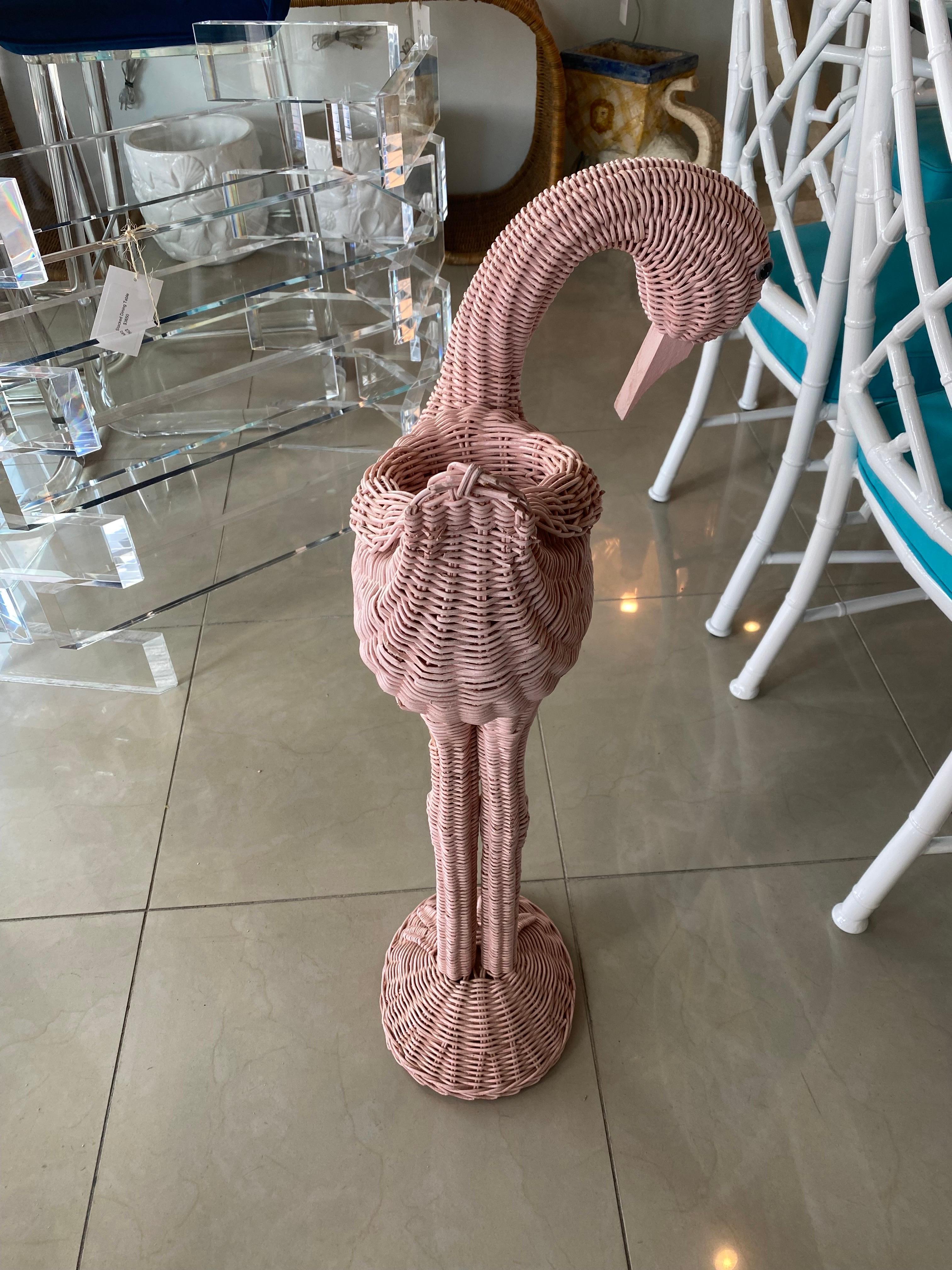Hollywood Regency Vintage Palm Beach Pink Wicker Flamingo Plant Stand Pot Holder Garden For Sale