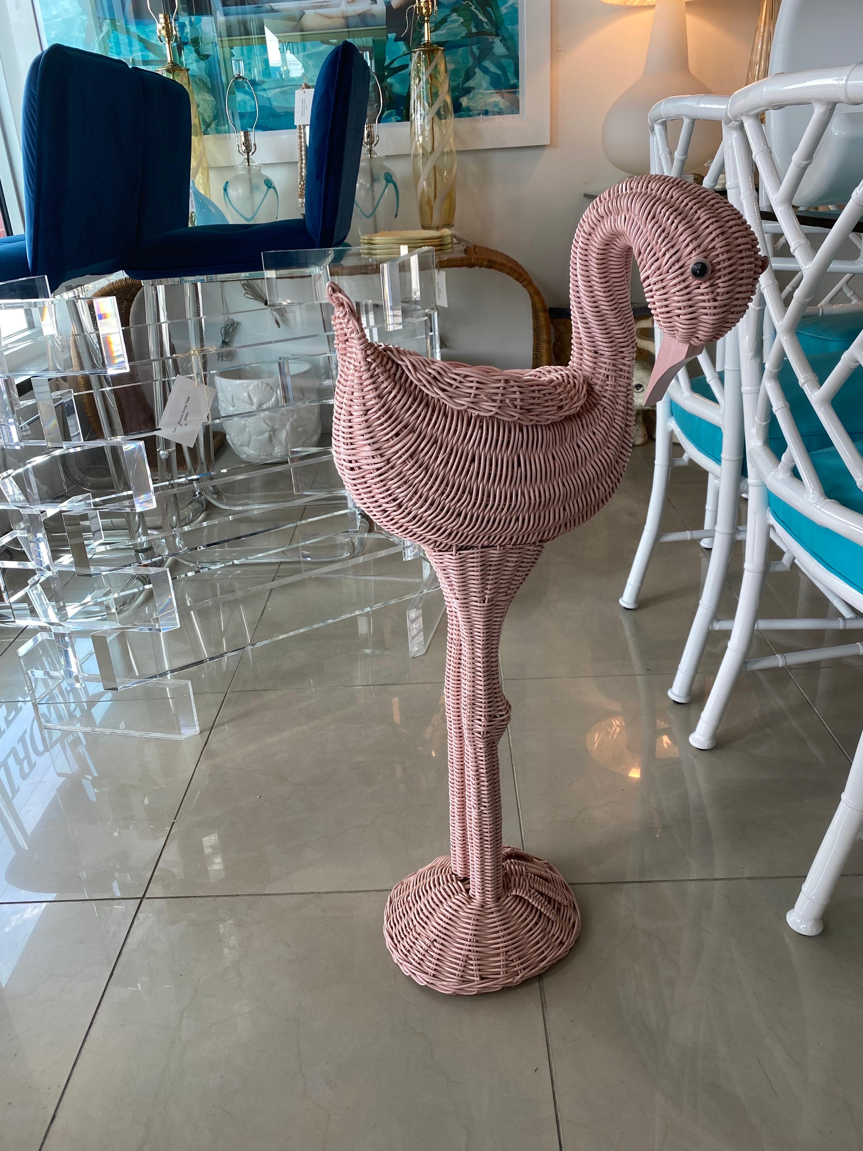 Late 20th Century Vintage Palm Beach Pink Wicker Flamingo Plant Stand Pot Holder Garden For Sale