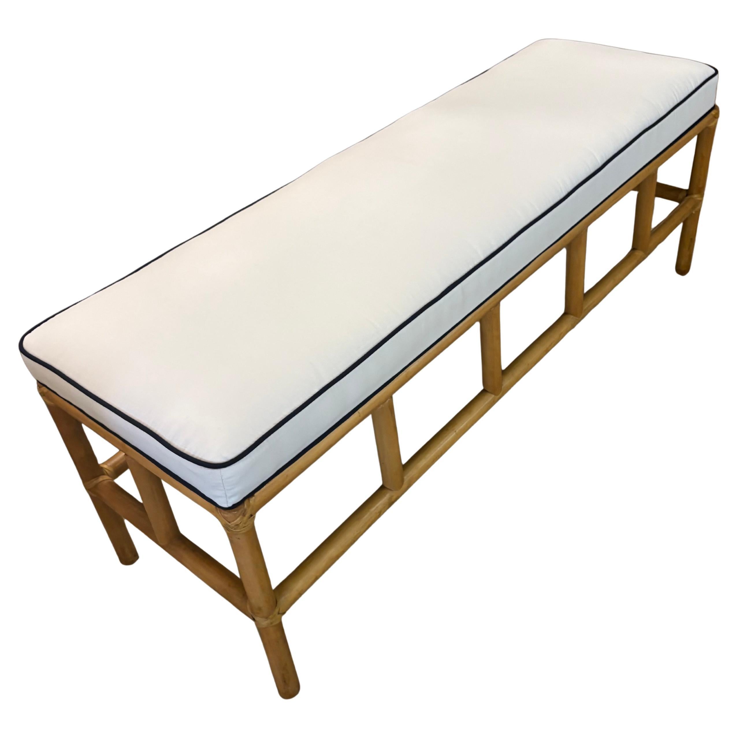 Vintage Palm Beach Rattan Bench Newly Upholstered Navy Blue 
White For Sale