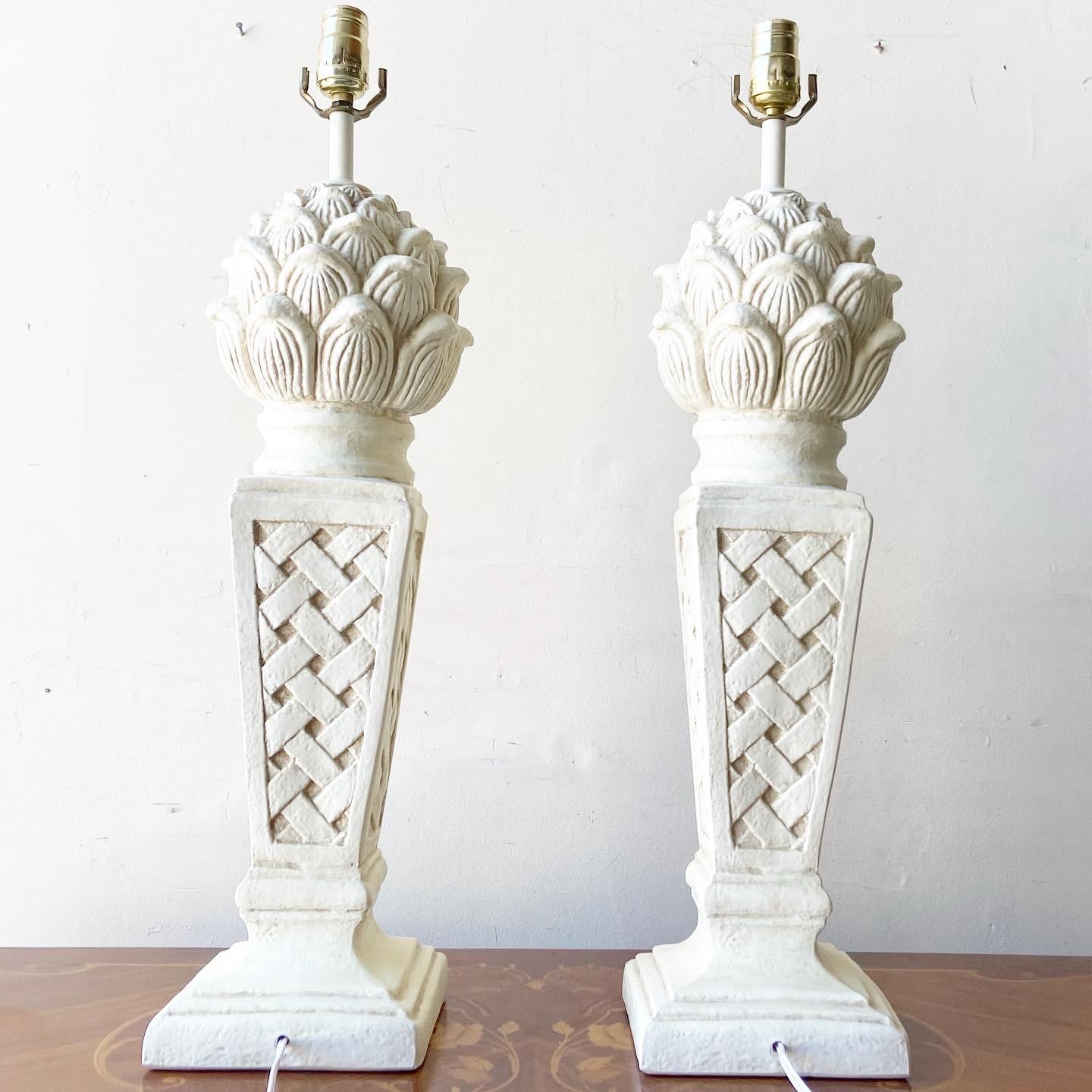 Amazing pair of cast resin sculpted table lamps. Each features a coastal theme.

3 way lighting.
