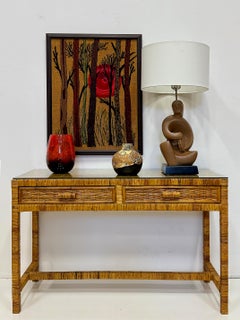 Vintage Palm Beach Regency Coastal Console Desk in Split Rattan, Glass Top