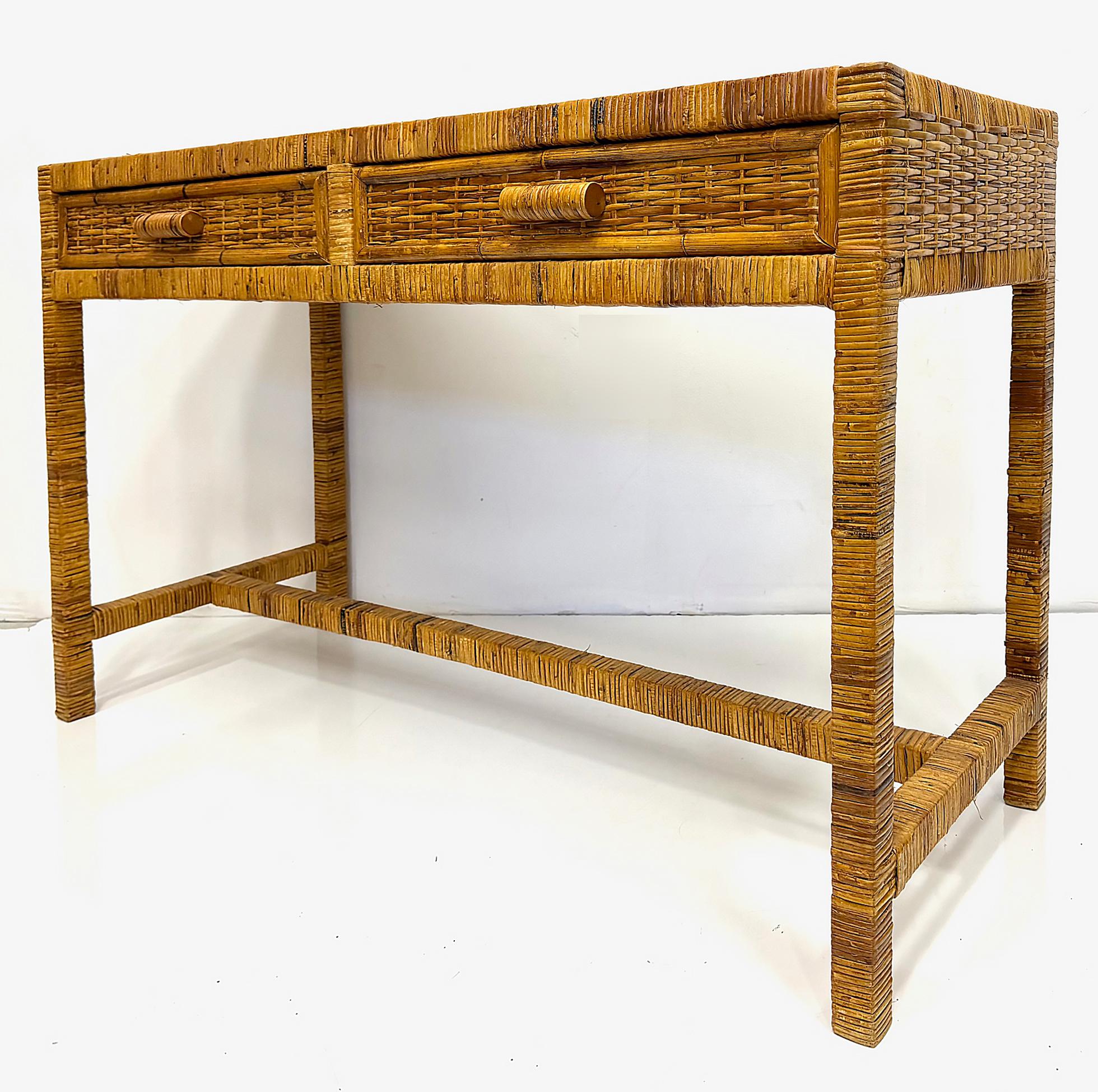 Hand-Woven Vintage Palm Beach Regency Coastal Console Desk in Split Rattan, Glass Top For Sale