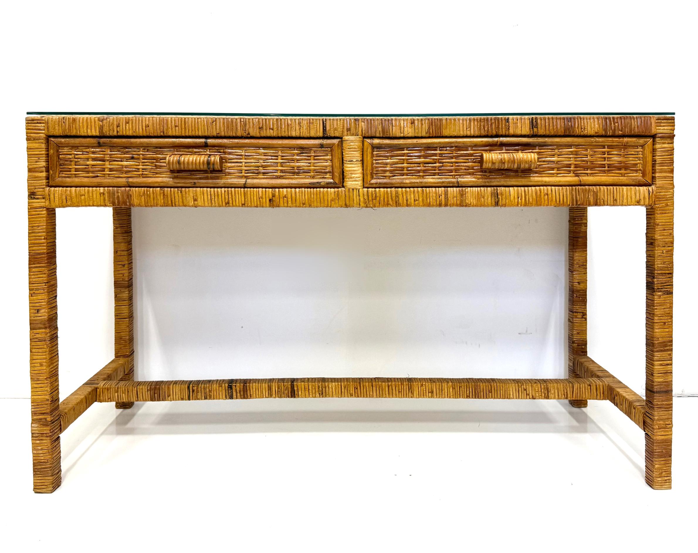 20th Century Vintage Palm Beach Regency Coastal Console Desk in Split Rattan, Glass Top For Sale