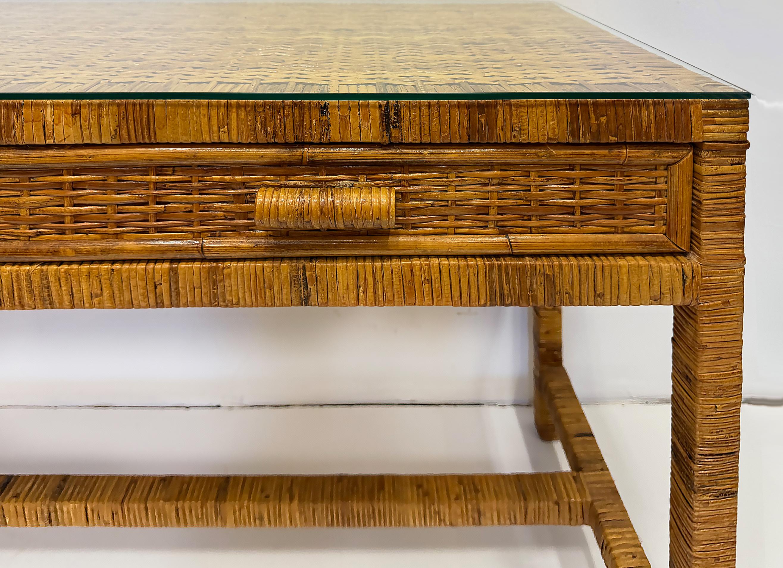 Vintage Palm Beach Regency Coastal Console Desk in Split Rattan, Glass Top For Sale 1