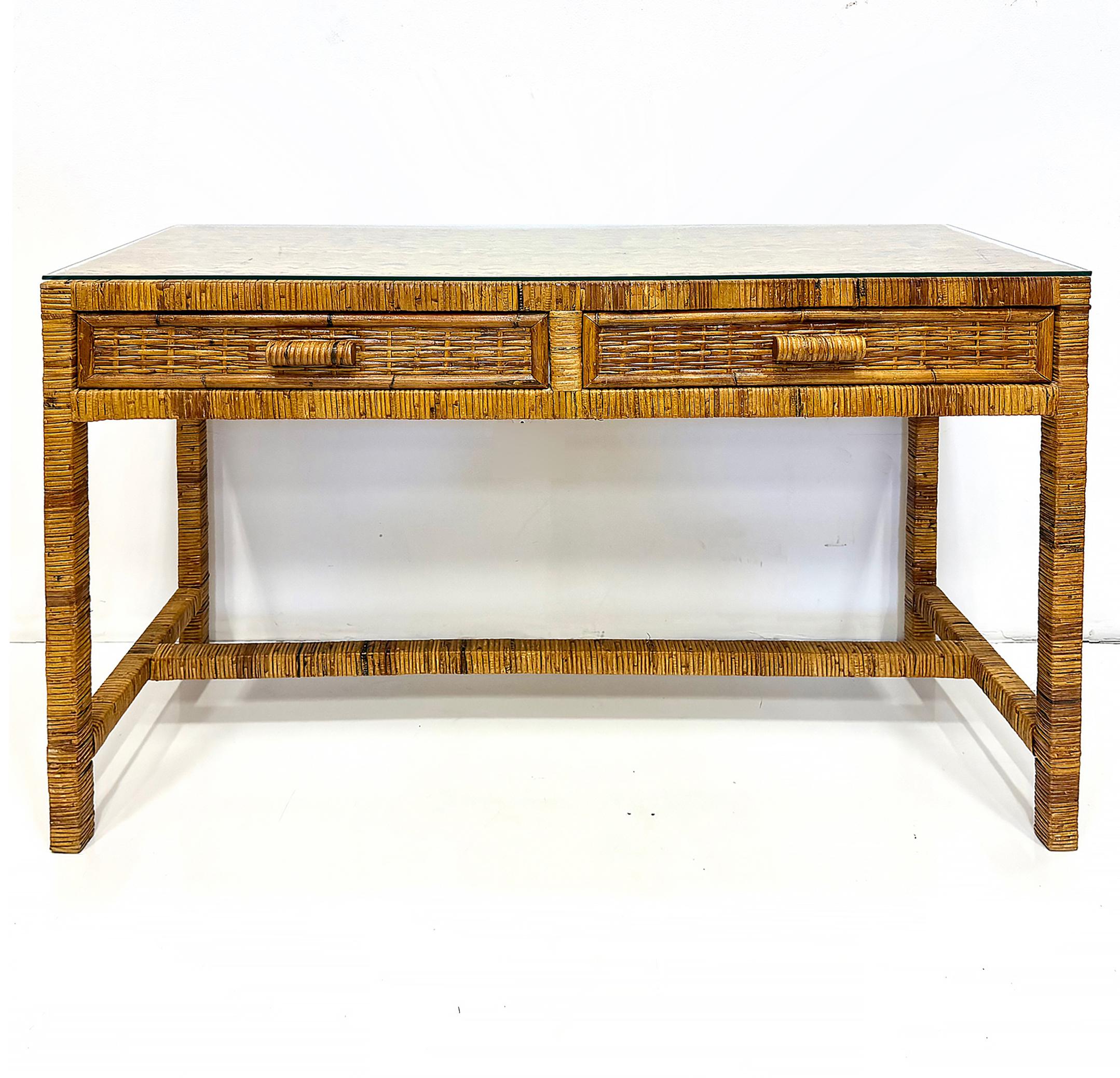 Vintage Palm Beach Regency Coastal Console Desk in Split Rattan, Glass Top For Sale 2