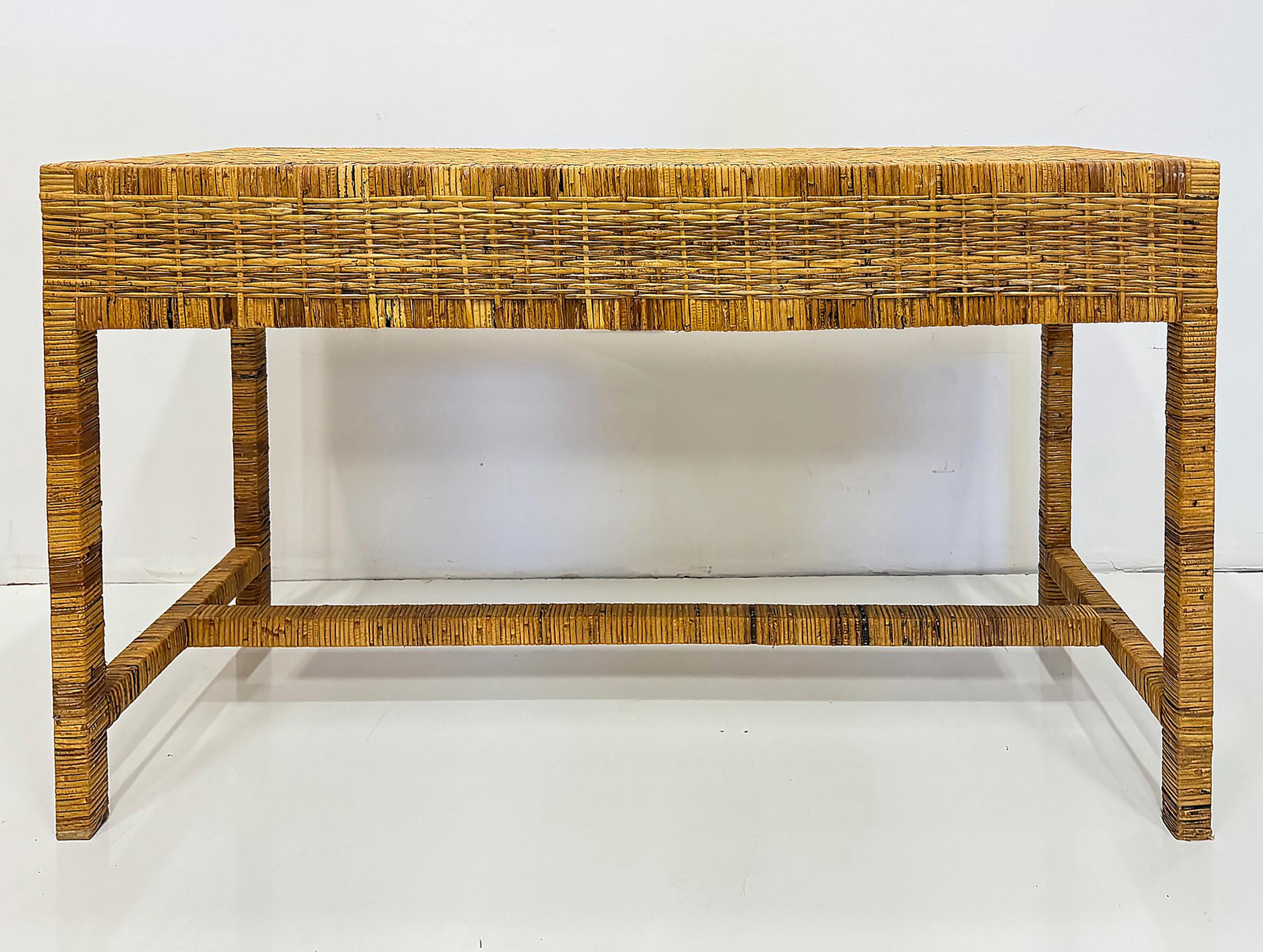 Vintage Palm Beach Regency Coastal Console Desk in Split Rattan, Glass Top For Sale 3