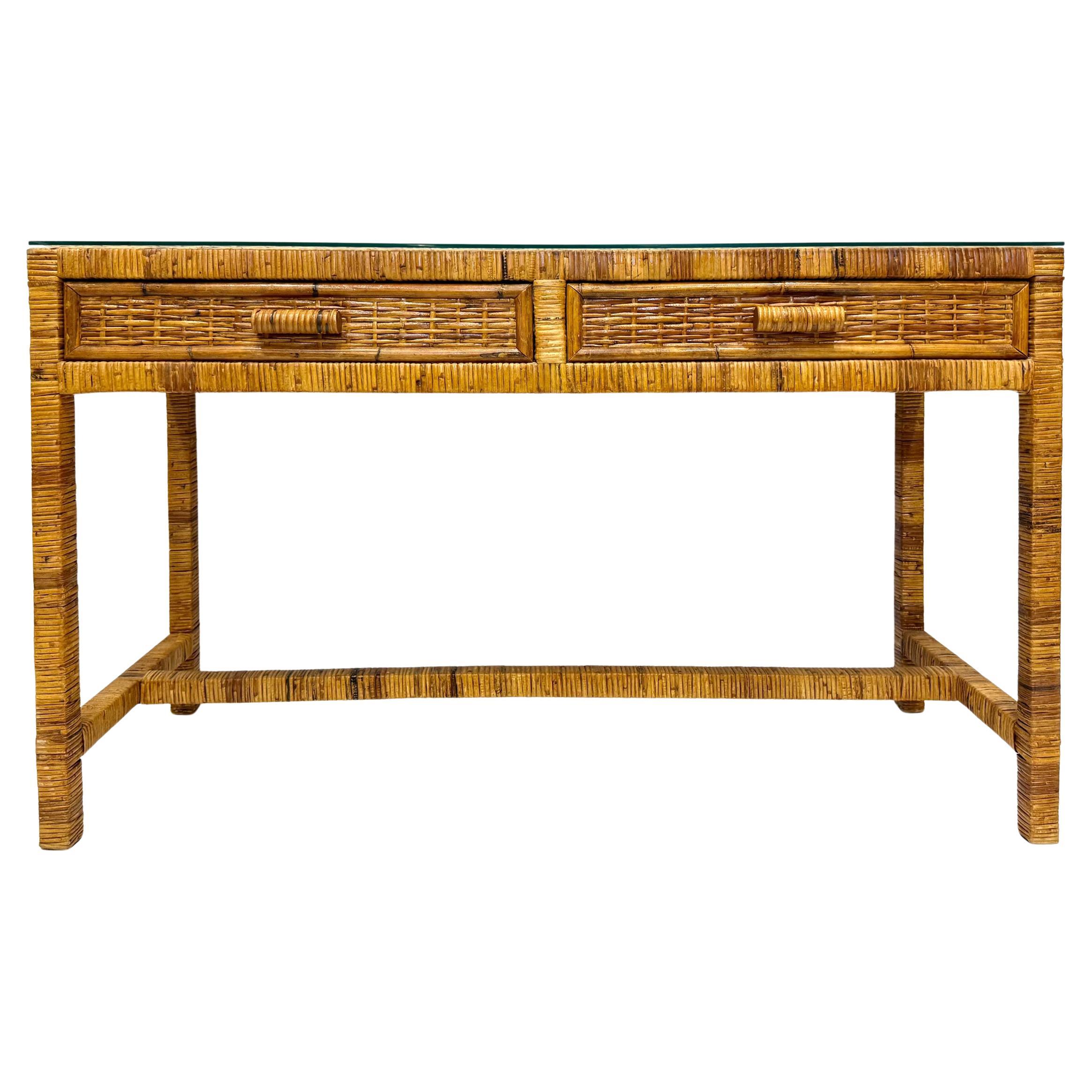 Vintage Palm Beach Regency Coastal Console Desk in Split Rattan, Glass Top For Sale