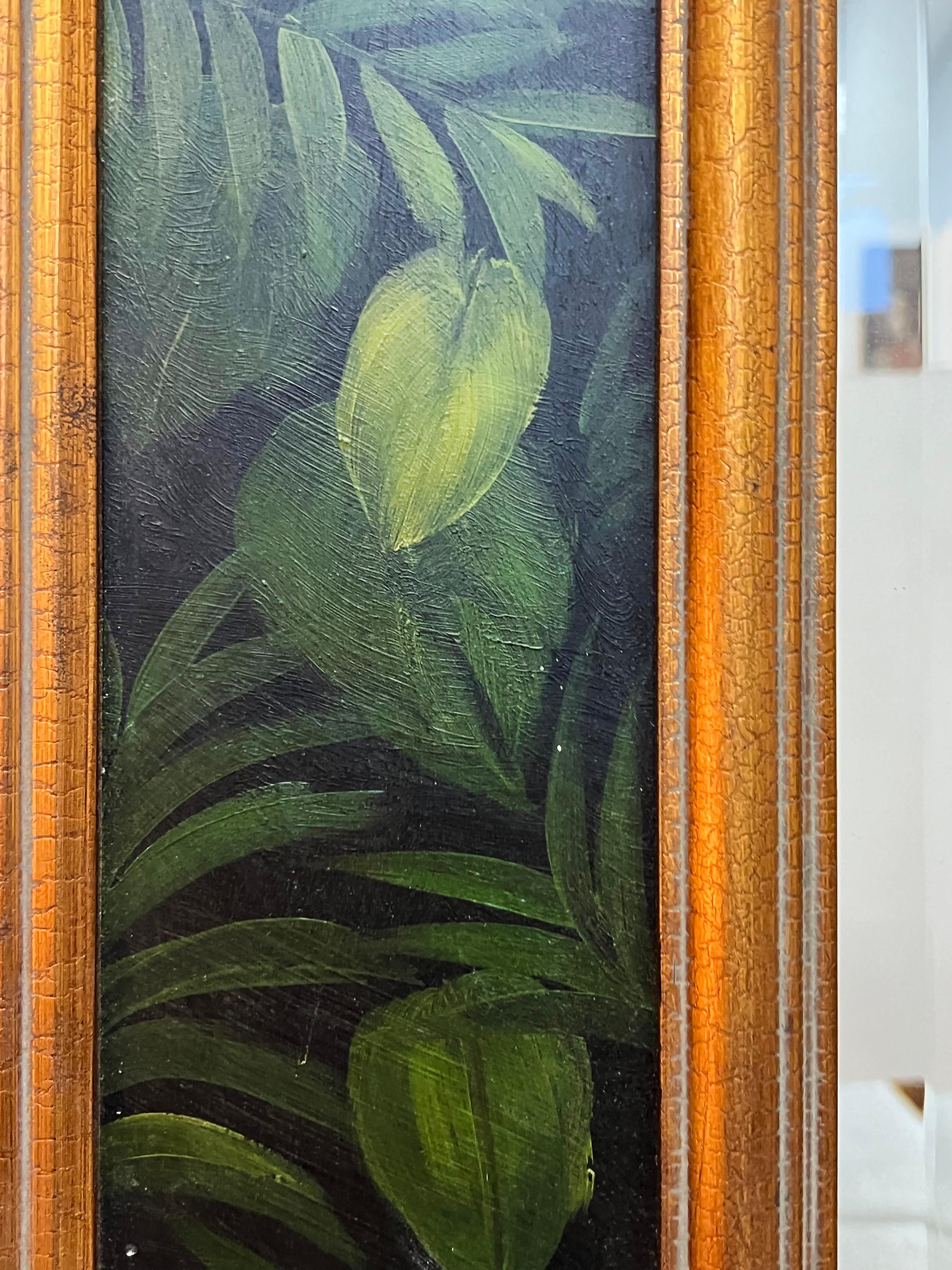20ième siècle Miroir biseauté peint à la main de style Palm Beach Regency, toucan avec feuillage
