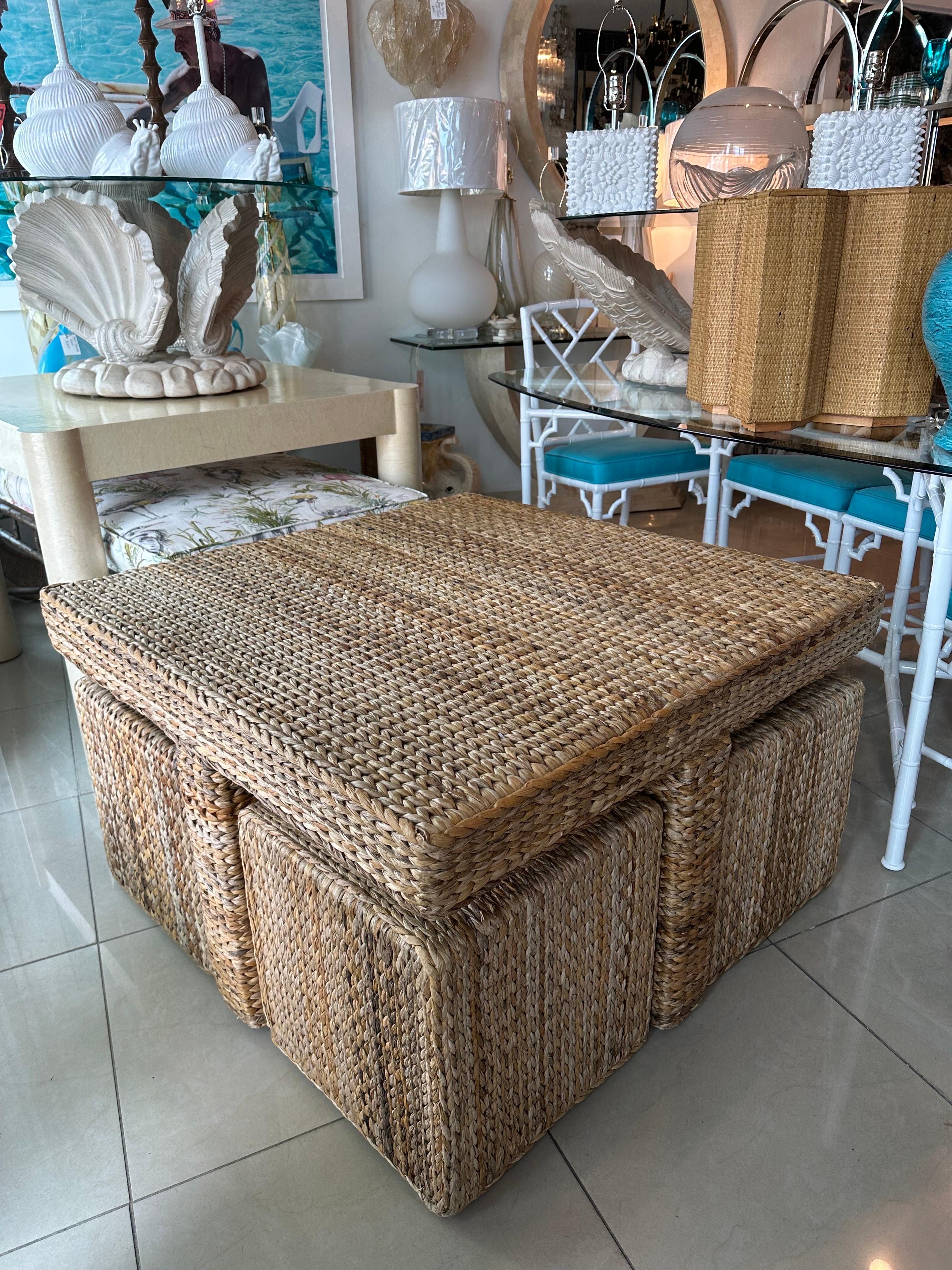 Vintage Palm Beach Seagrass Coffee Cocktail Table with 4 Benches Stools  For Sale 7