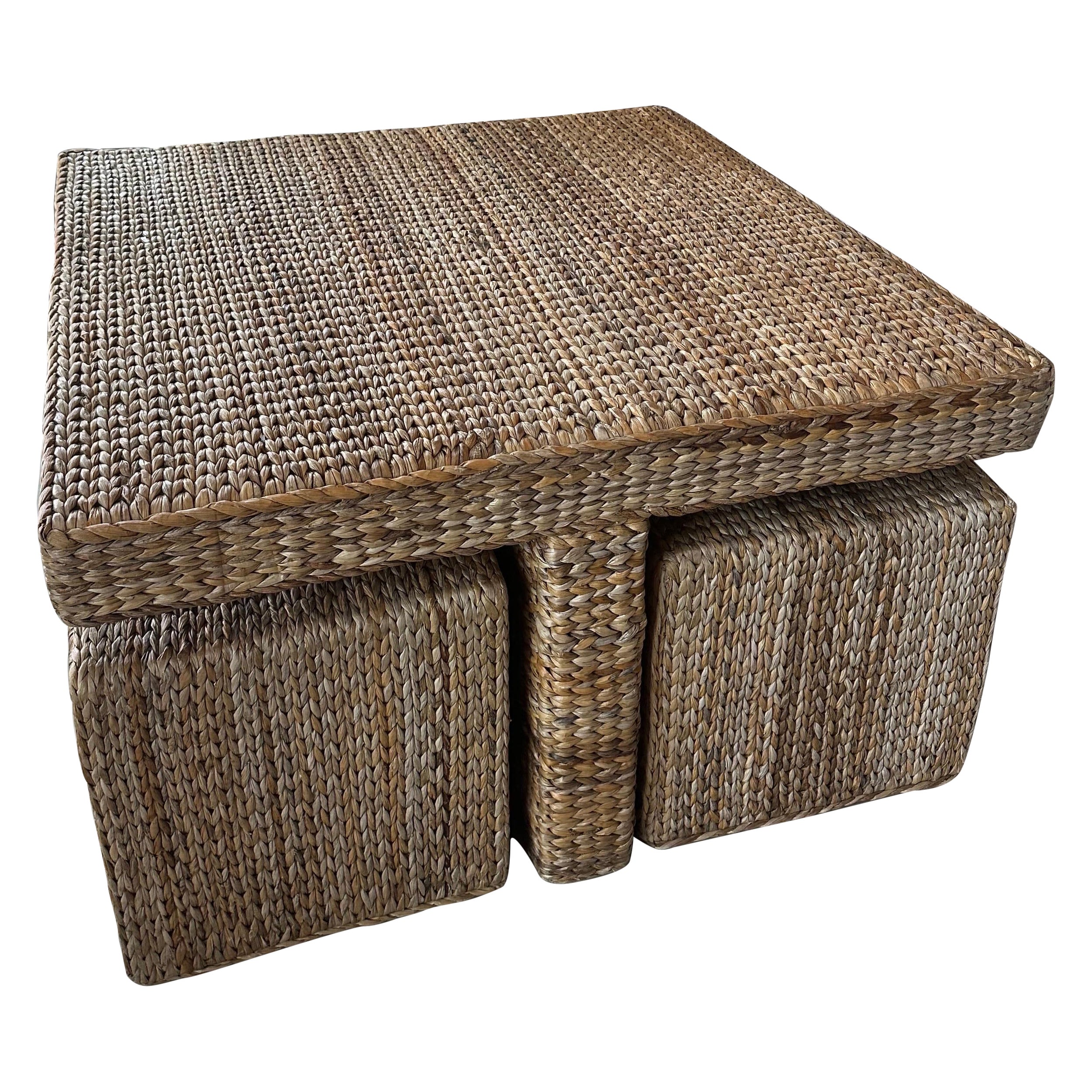 Vintage Palm Beach Seagrass Coffee Cocktail Table with 4 Benches Stools