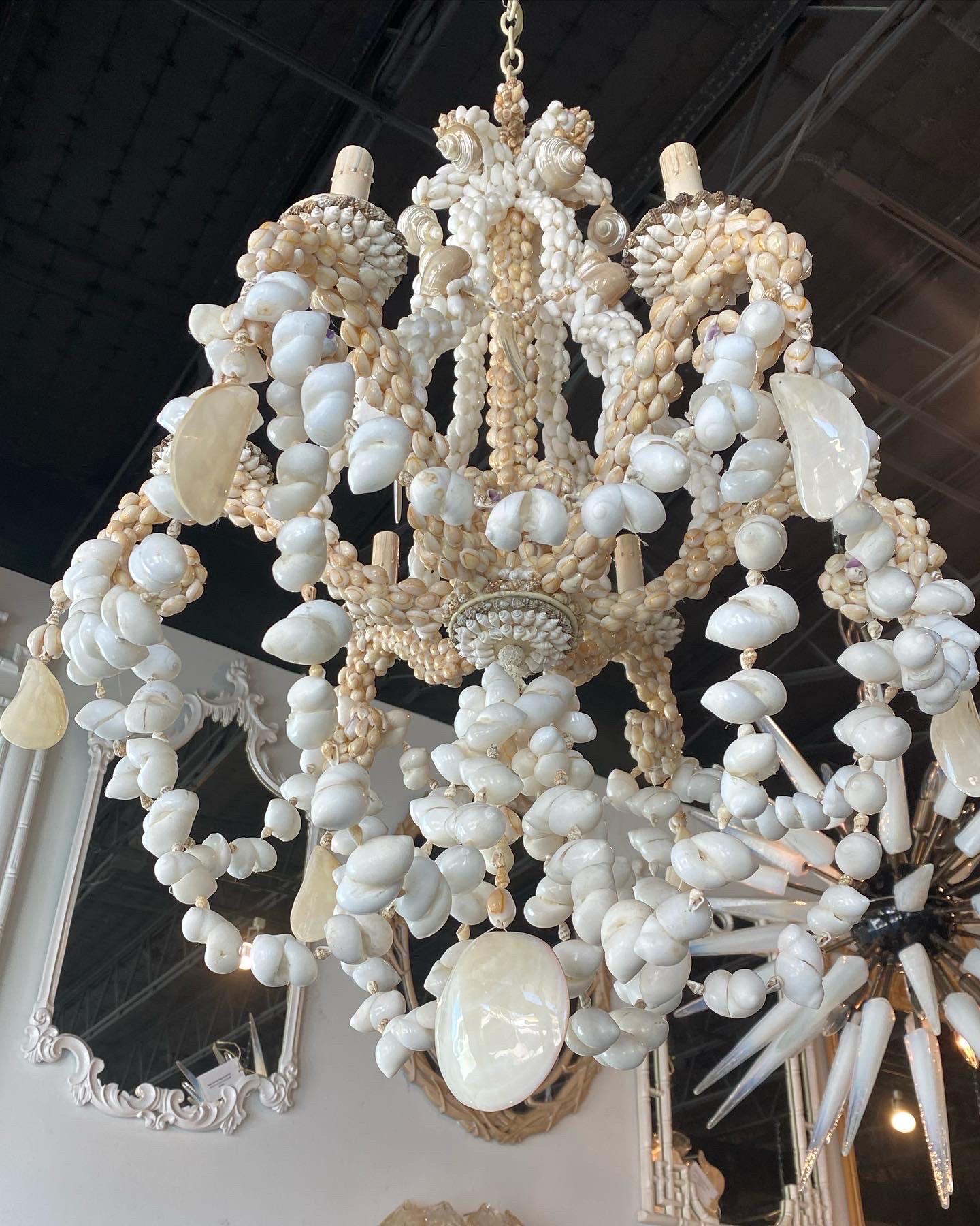 Vintage Palm Beach Shell Seashell 6 Light Chandelier In Good Condition In West Palm Beach, FL