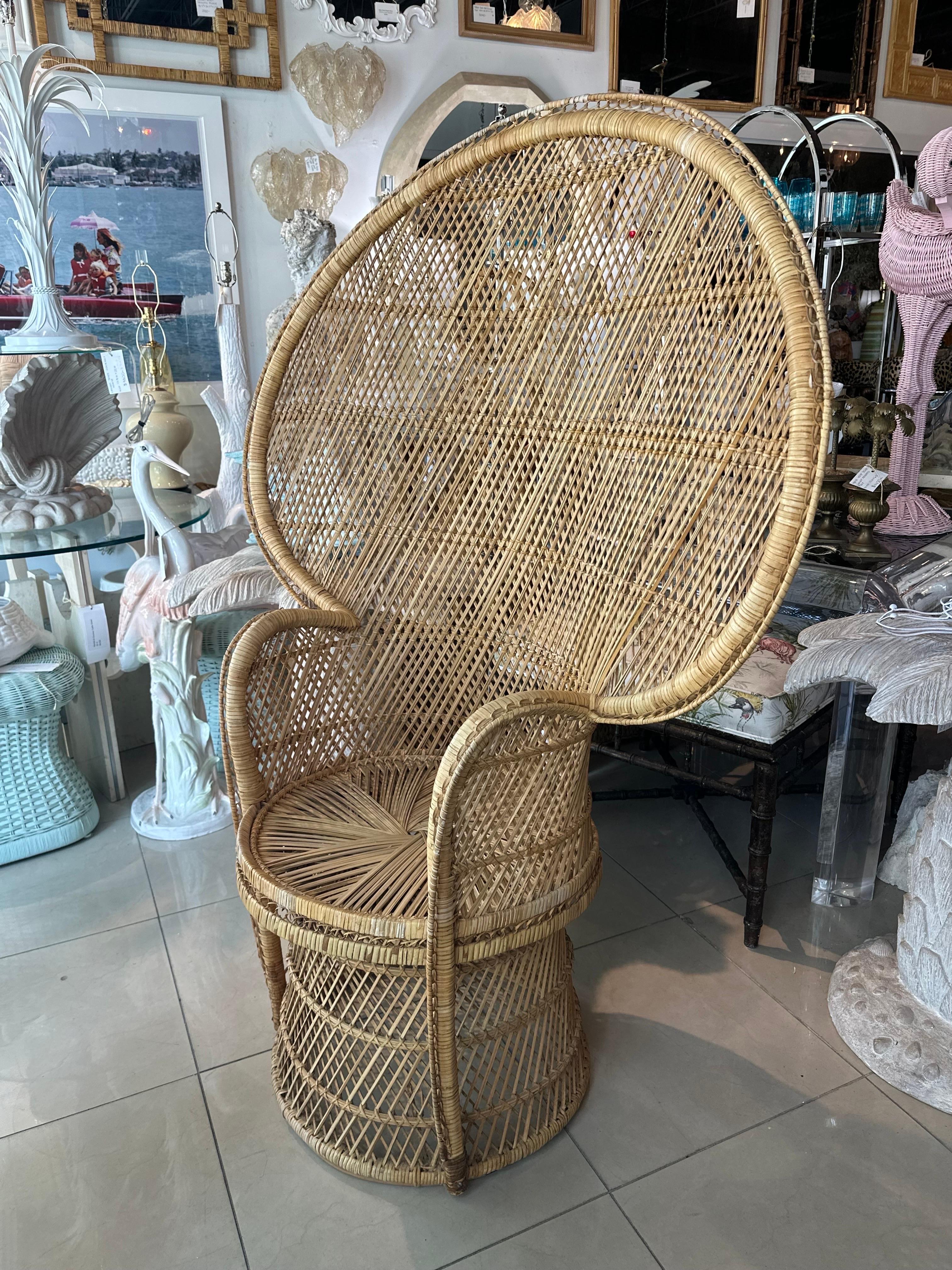 Vintage Palm Beach Tropical Braided Rattan Wicker Peacock Fan Back Chair For Sale 4