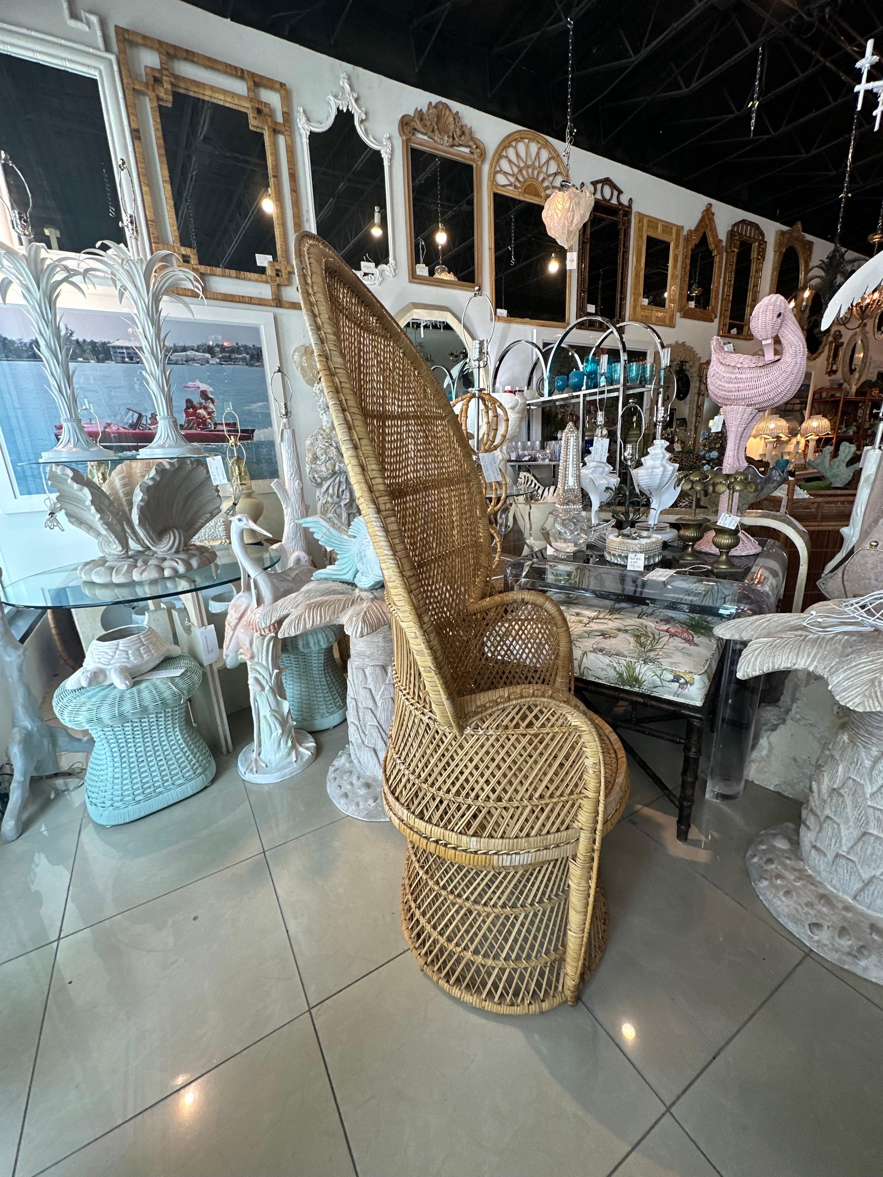 Vintage Palm Beach Tropical Braided Rattan Wicker Peacock Fan Back Chair For Sale 6