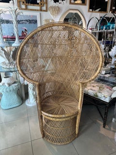 Vintage Palm Beach Tropical Braided Rattan Wicker Peacock Fan Back Chair