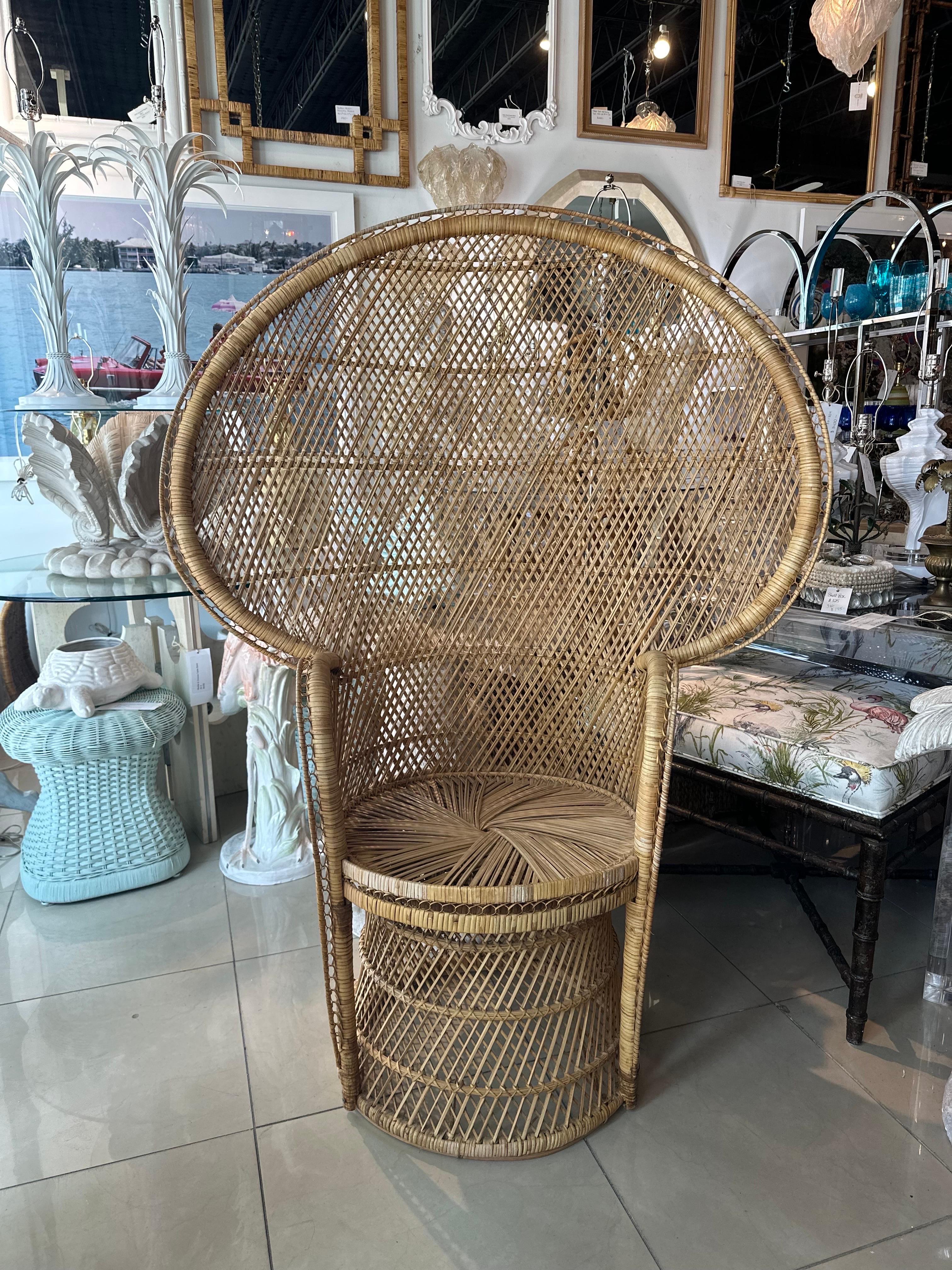 Hollywood Regency Vintage Palm Beach Tropical Braided Rattan Wicker Peacock Fan Back Chair For Sale