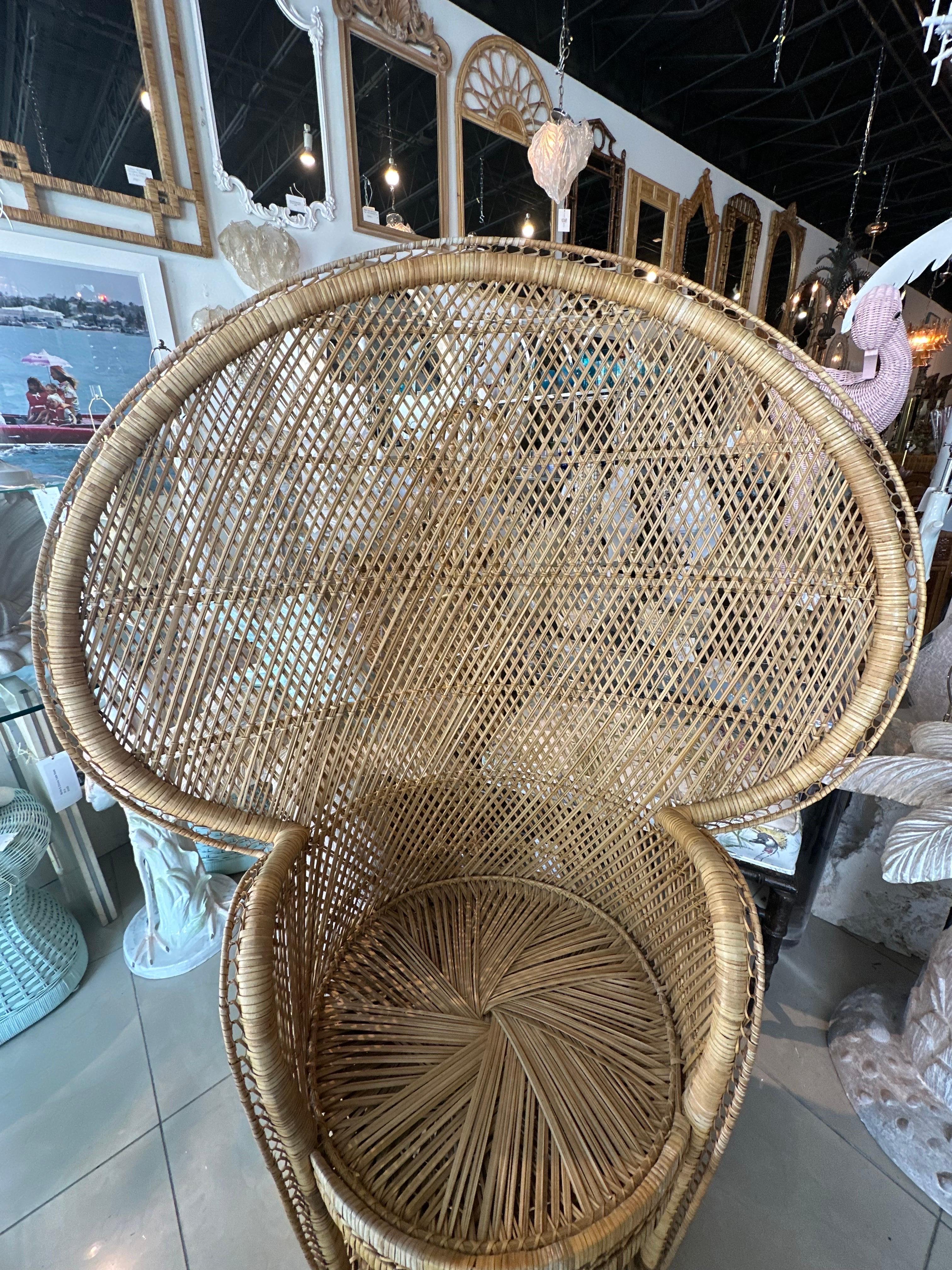 American Vintage Palm Beach Tropical Braided Rattan Wicker Peacock Fan Back Chair For Sale