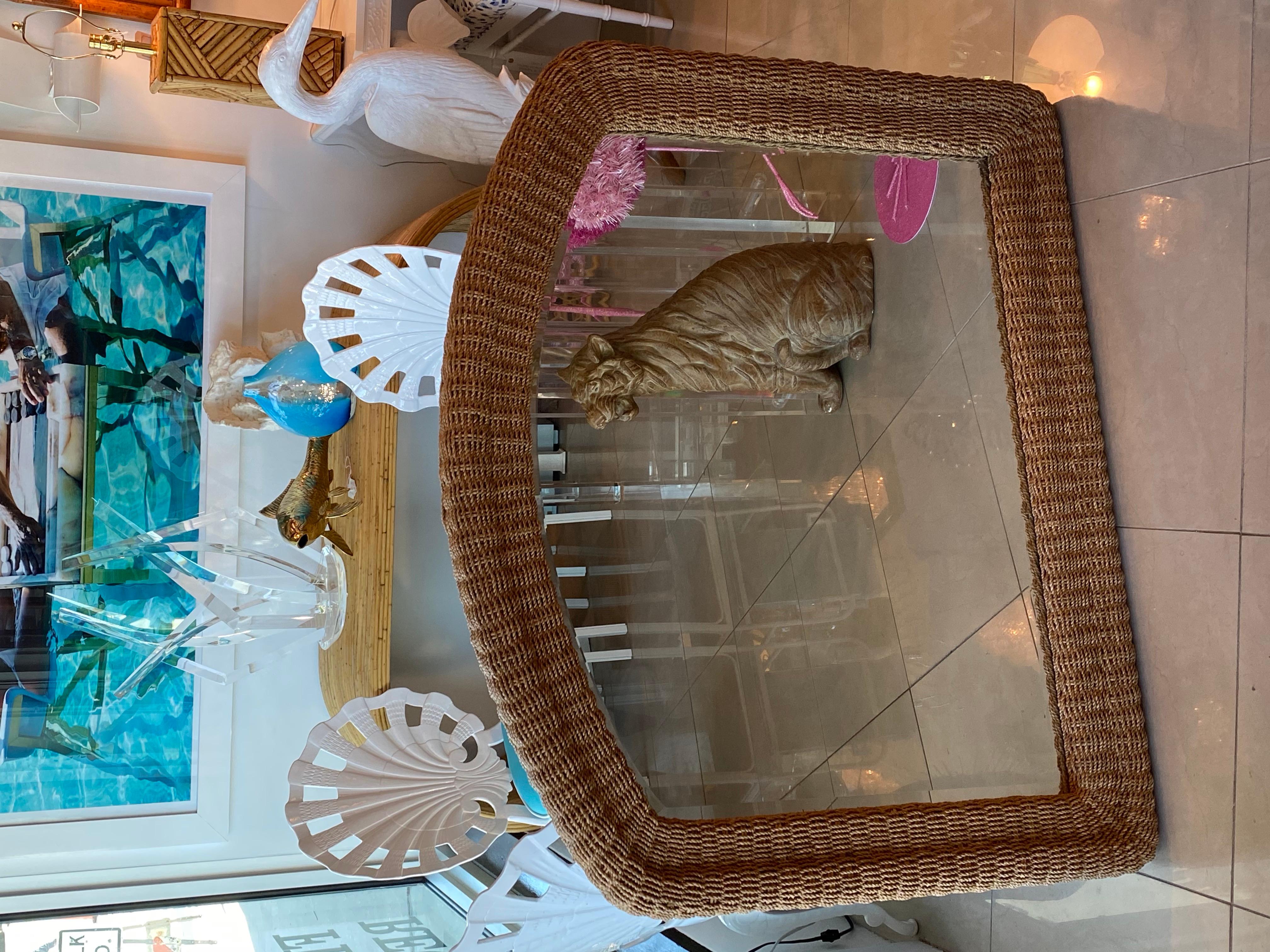 Vintage Palm Beach Tropical Braided Seagrass Rope Wicker Arched Wall Mirror For Sale 1