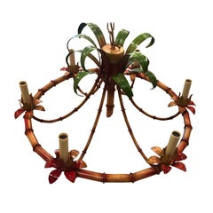 Vintage Palm Beach Tropical Italian Metal Tole Faux Bamboo Chandelier 6 Lights