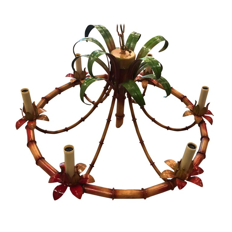 Vintage Palm Beach Tropical Italian Metal Tole Faux Bamboo Chandelier 6 Lights At 1stdibs Faux Bamboo Chandelier 6 Lights At 1stdibs, Metal Palm Tree Bamboo Chandelier