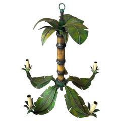 Vintage Palm Beach Tropical Metal Tole Palm Tree Leaf leaves 5 Light Chandelier