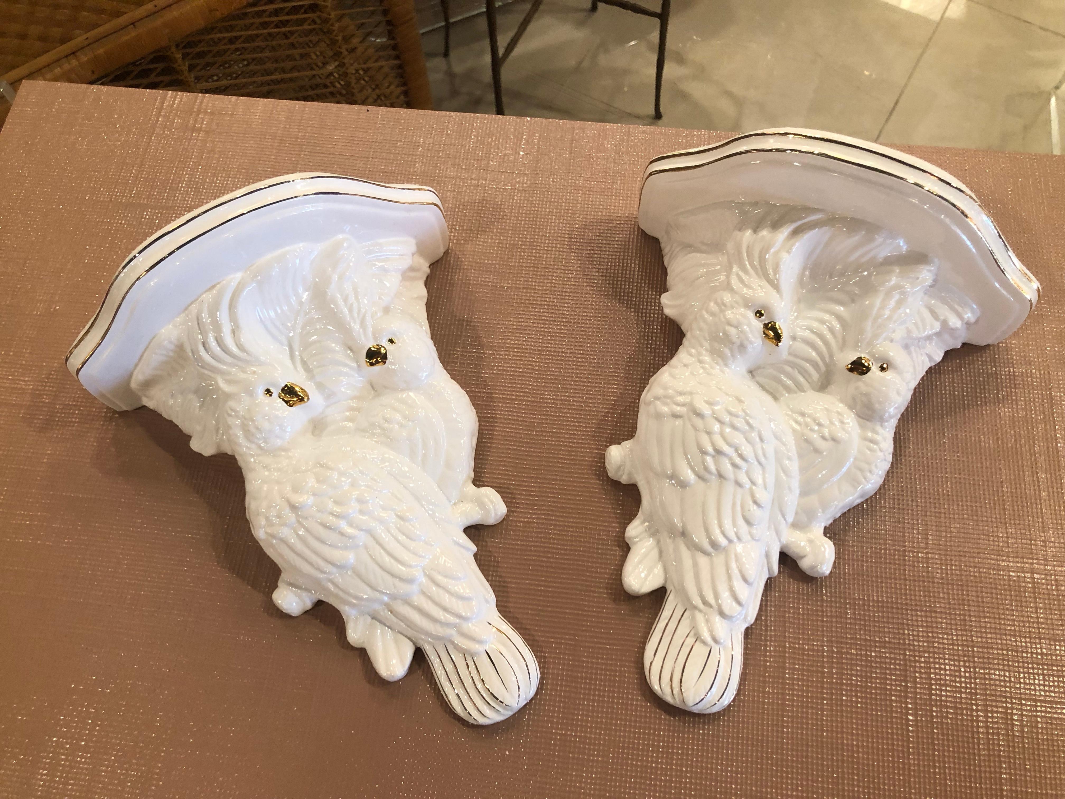 Lovely pair of vintage cockatoo parrot bird white ceramic wall sconces. No chips or breaks. Ready to hang on the wall.