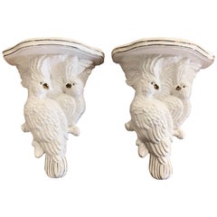 Vintage Palm Beach Tropical Pair of Cockatoo Parrot Bird Ceramic Wall Sconces