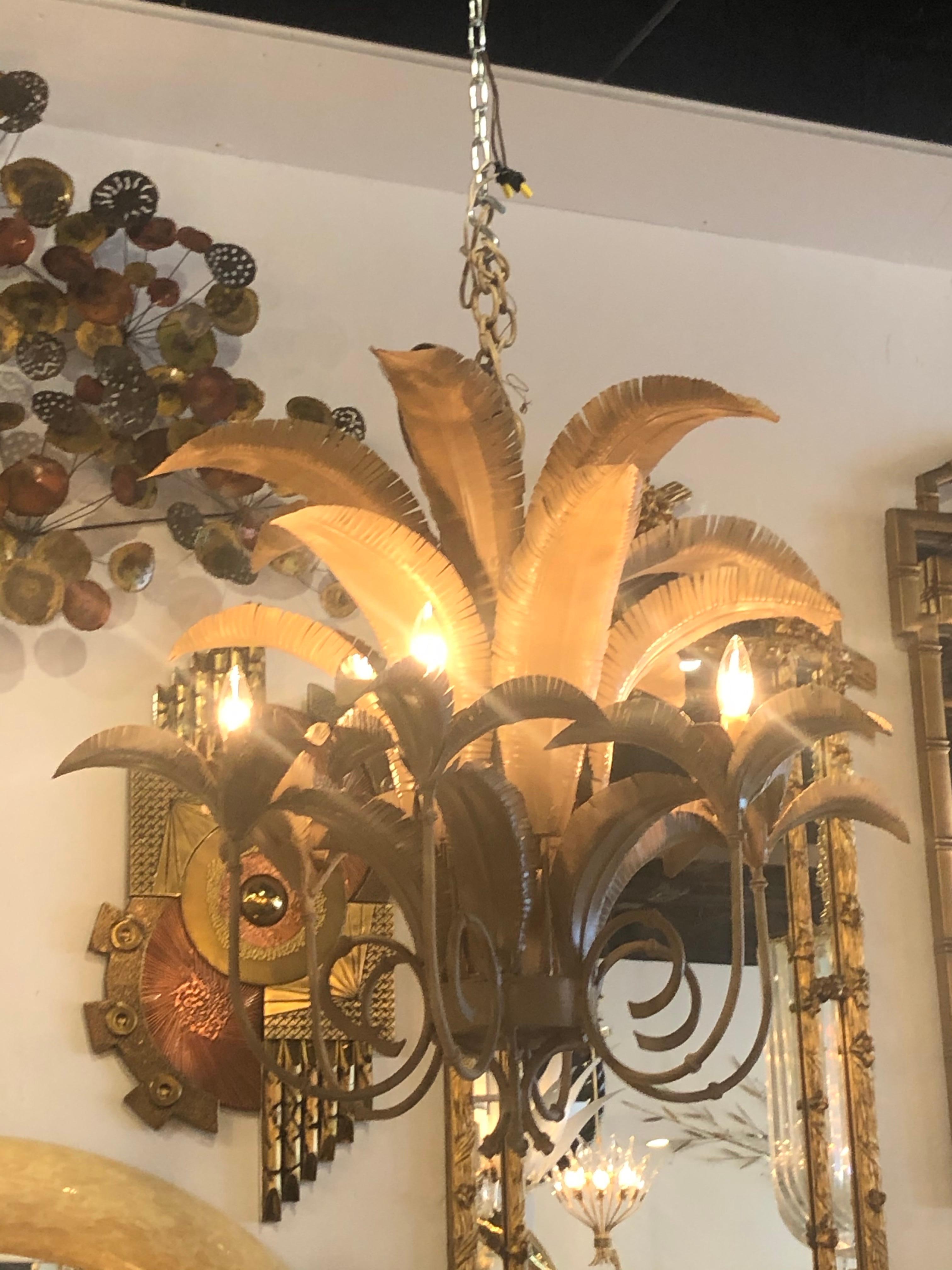 Vintage Palm Beach Tropical Palm Frond Leaf Leaves Metal Tole Chandelier 3