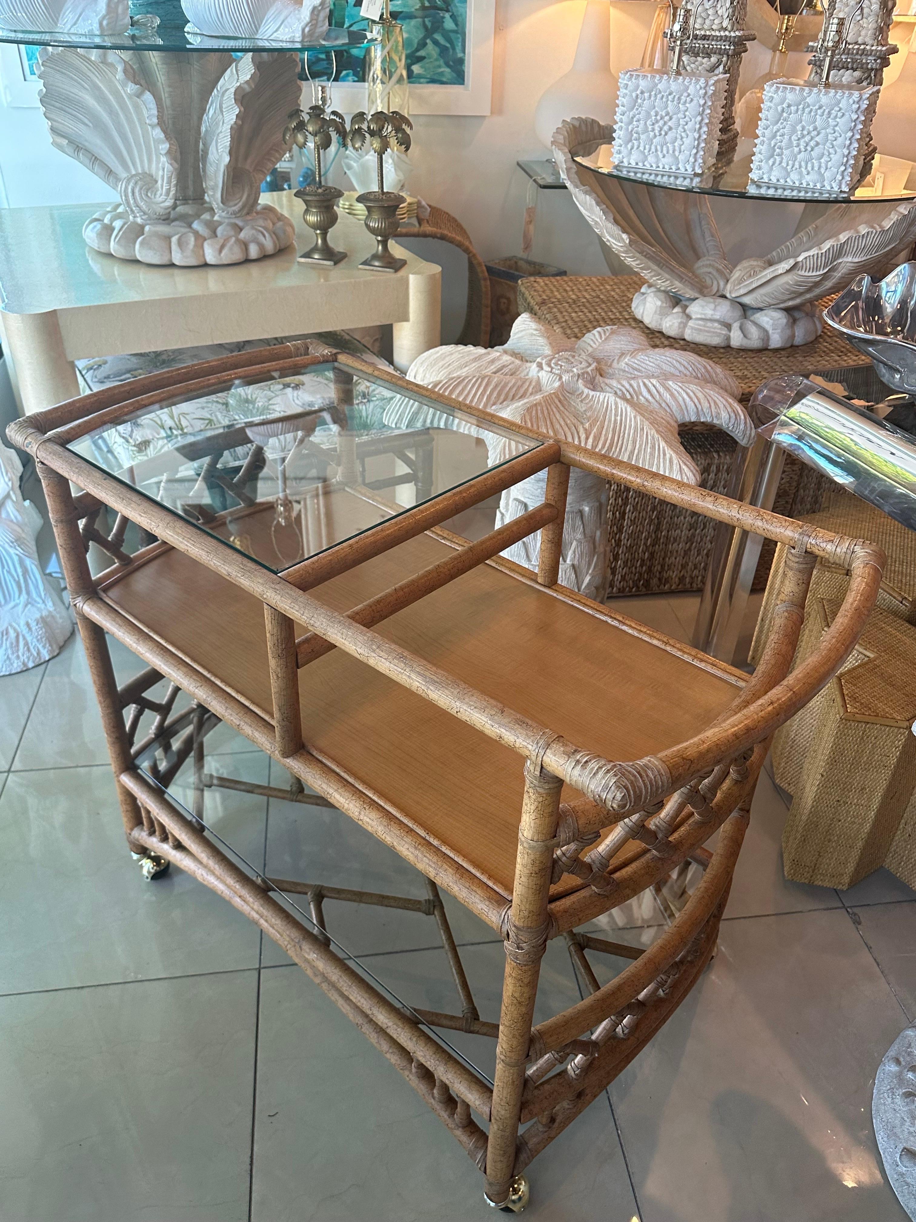 Brass Vintage Palm Beach Tropical Rattan & Bamboo Bar Cart Barcart Glass Top  For Sale