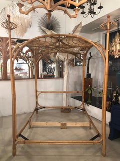 Vintage Palm Beach Tropical Rattan Bamboo Queen Size Canopy Bed