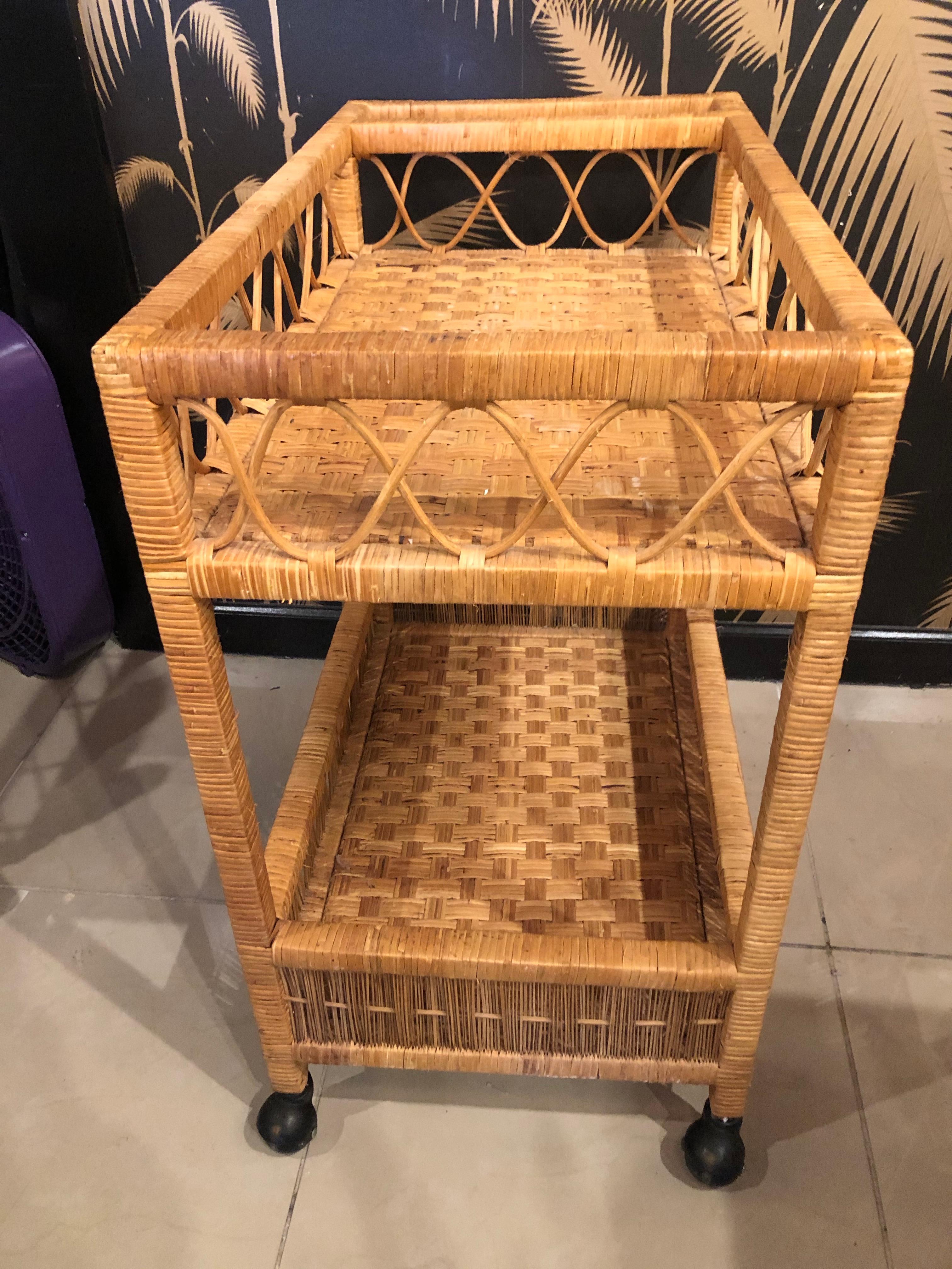 American Vintage Palm Beach Tropical Wicker Rattan Bar Serving Cart