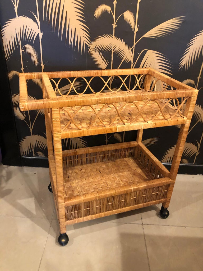 Vintage Palm Beach Tropical Wicker Rattan Bar Serving Cart at 1stDibs