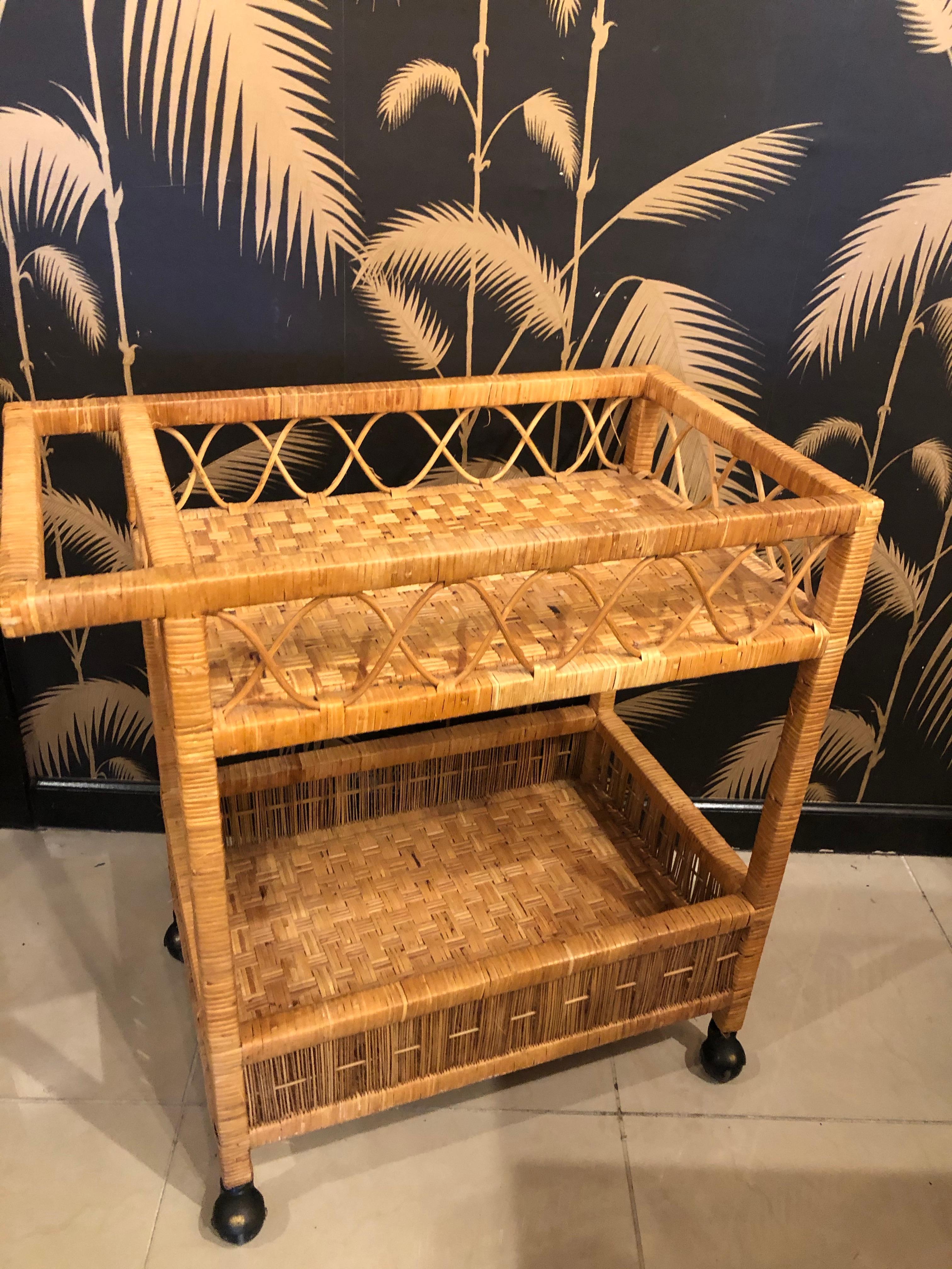Vintage Palm Beach Tropical Wicker Rattan Bar Serving Cart 1