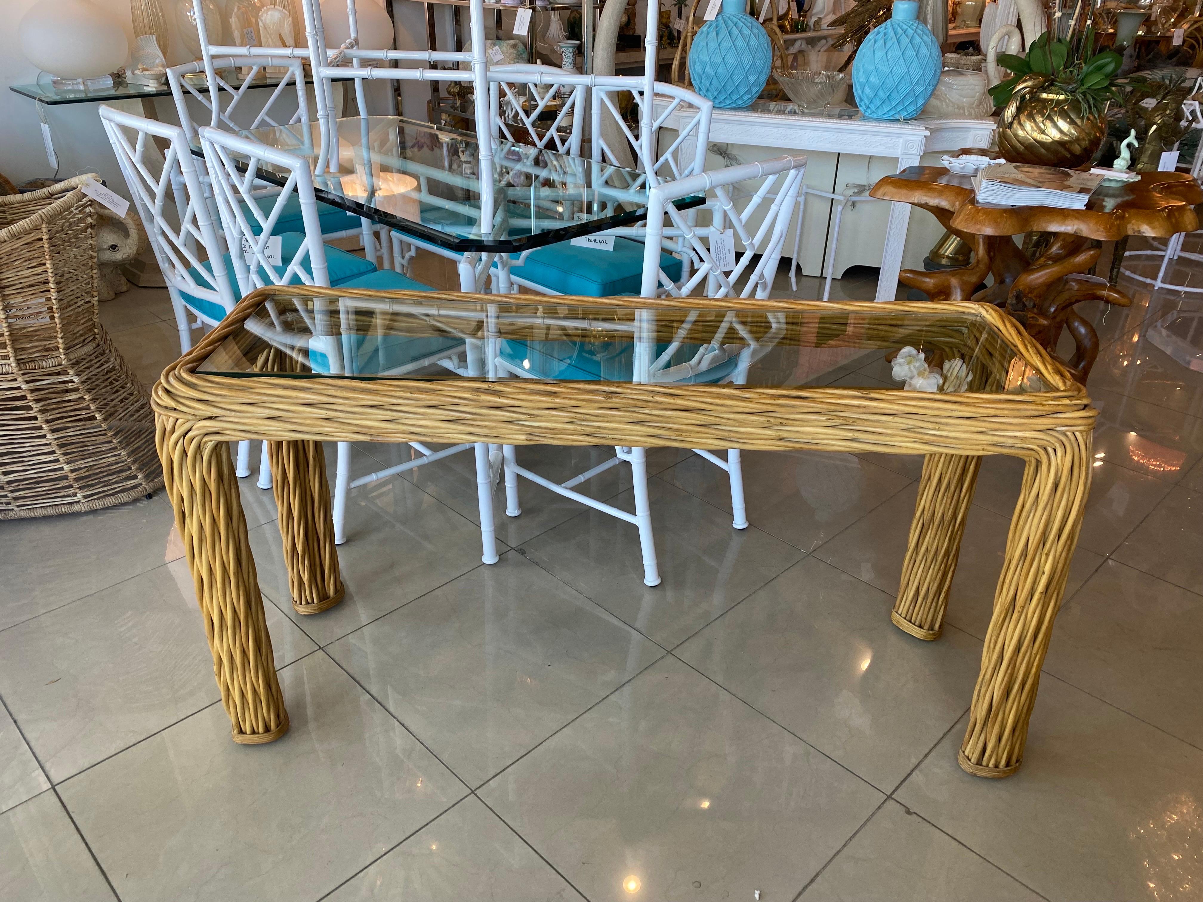 Vintage Palm Beach Twisted Rattan Reed Console Table New Glass Top For Sale 3