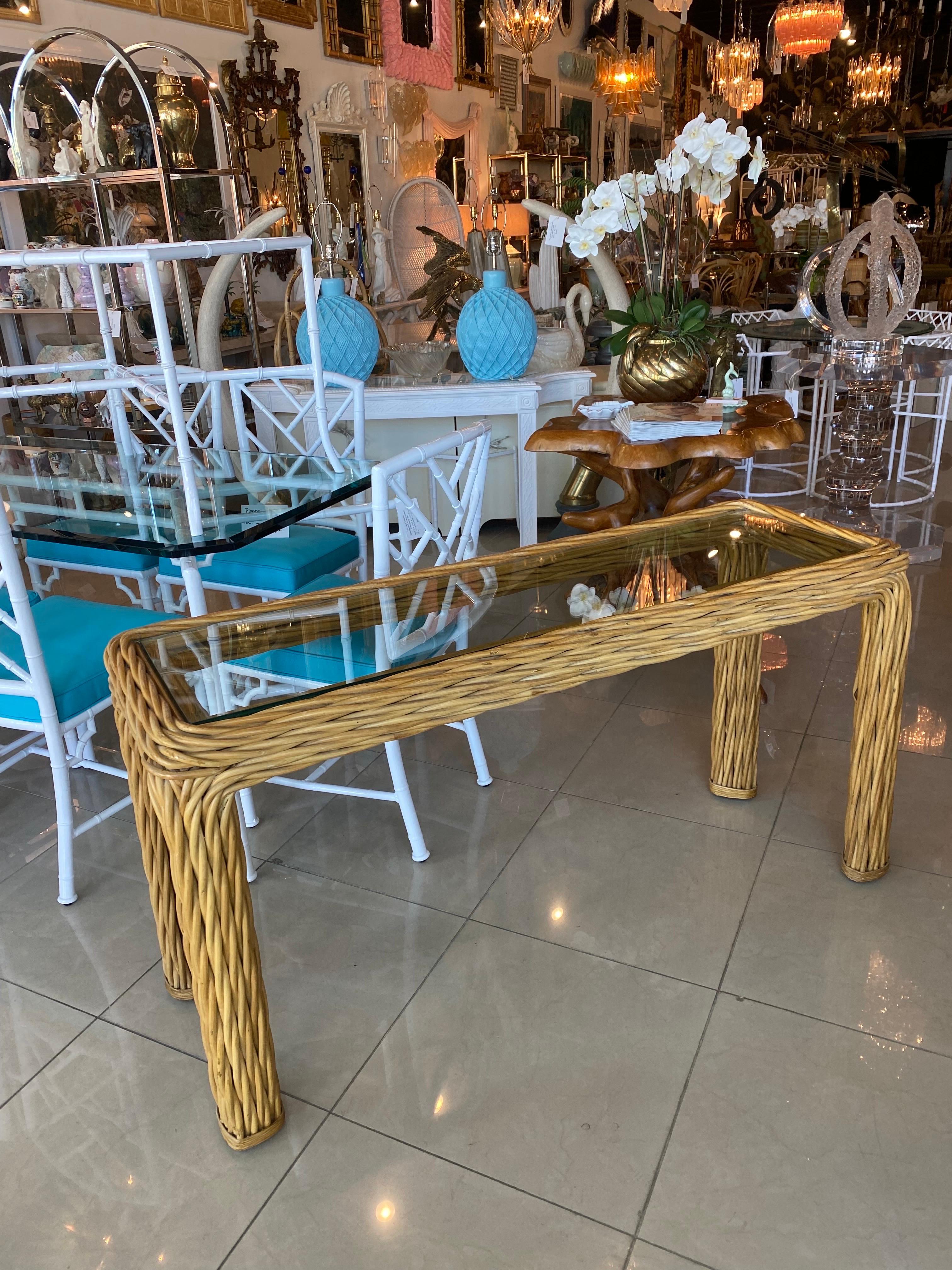 Vintage Palm Beach Twisted Rattan Reed Console Table New Glass Top For Sale 5